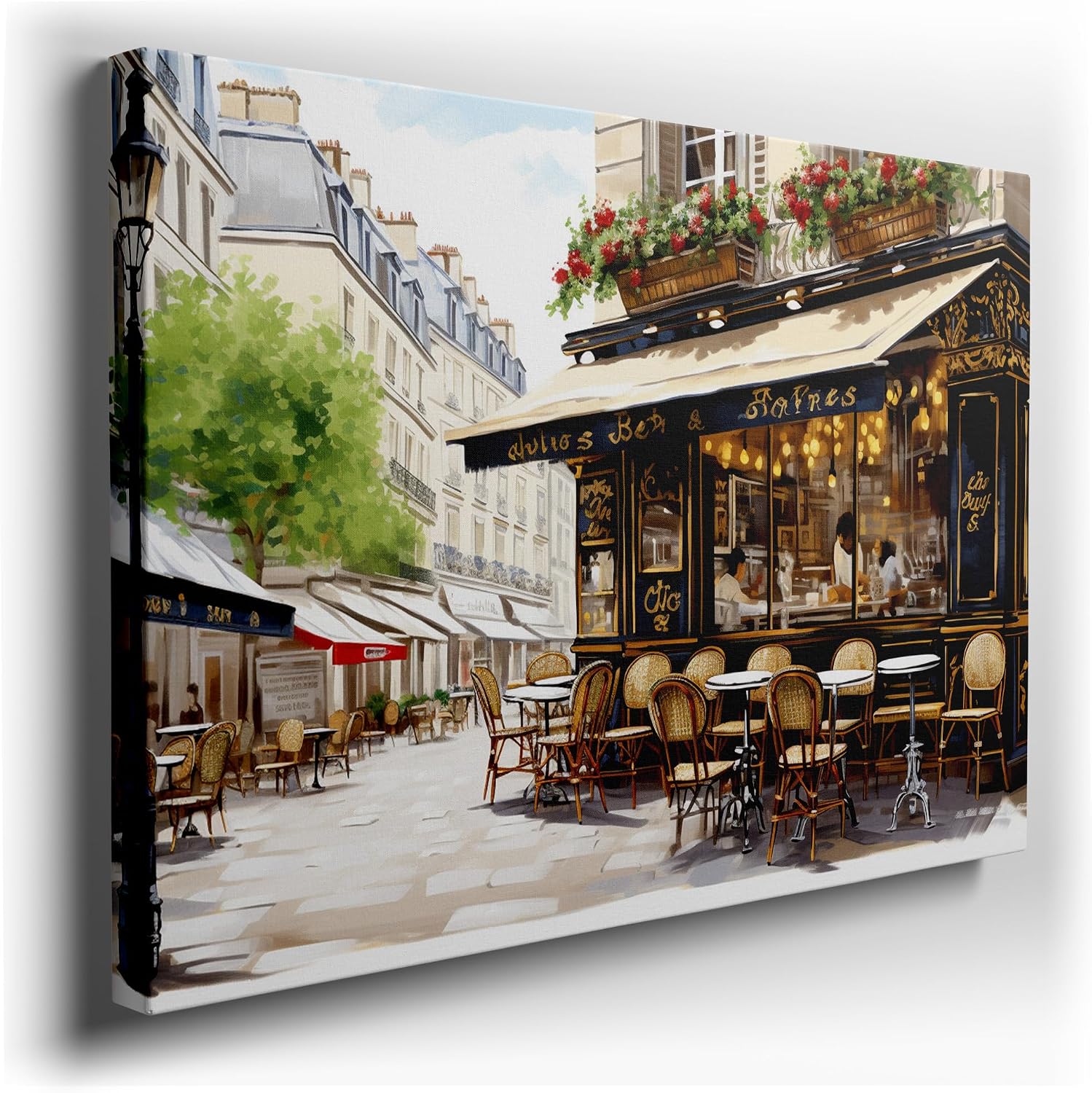 Canvas for Living room. Vibrant Parisian Street Life: A Glimpse into the Charming Black and Gold Cafe Scene, 27 x 18 inch Canvas Wall Art - Modern Home Decor