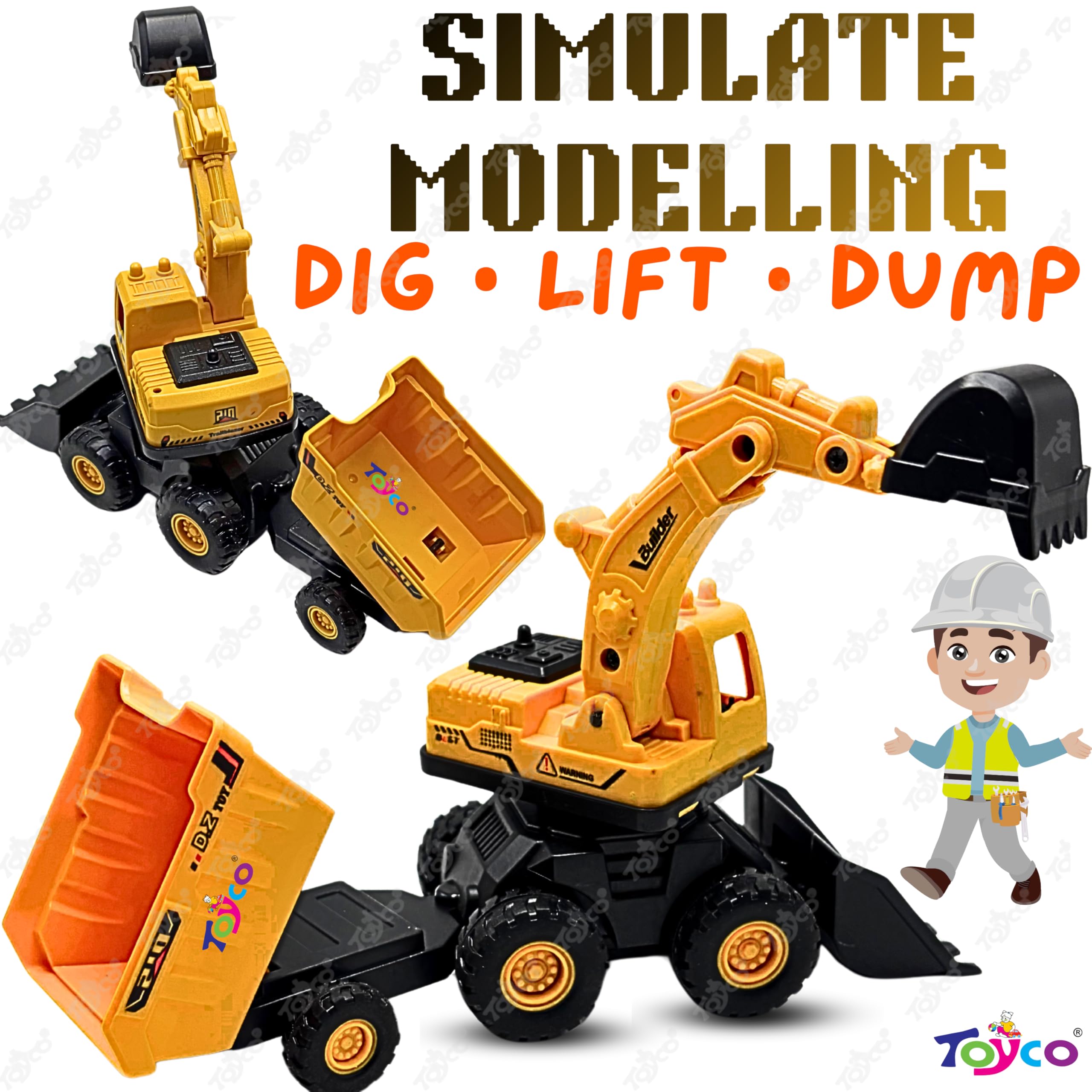 toyco® 2-in-1 Friction Powered Bulldozer Cum Excavator Construction Toys for Kids | Push & Go Engineering Truck | 180° Rotatable Earthmover | Durable ABS Plastic (Excavator_Yellow) 4