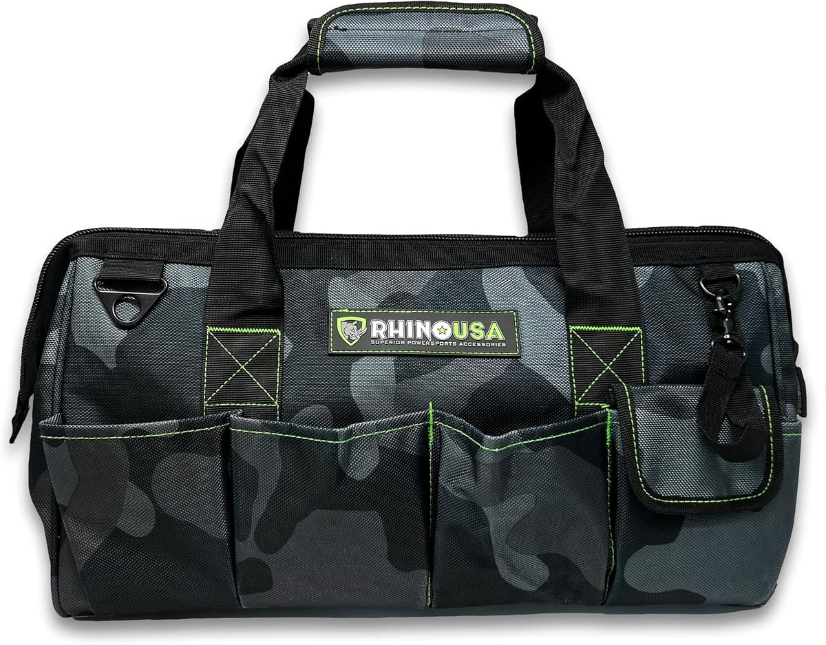 Rhino USA Tool Bag (18-Inch) - Heavy Duty Wide Mouth Tote for Men | Zipper Closure, Extra Side Storage Pockets, Reinforced Shoulder Strap & Upgraded Metal Clips for Daily Hauling. Camo