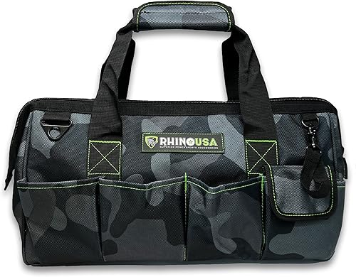 Rhino USA Bolsa de herramientas (18 pulgadas) resistente de boca ancha con cremallera para hombres, bolsas grandes para herramientas con bolsillos