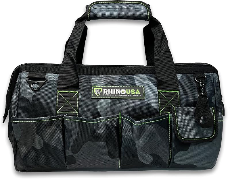 Rhino USA Tool Bag (18-Inch) - Heavy Duty Wide Mouth Tote for Men | Zipper Closure, Extra Side Storage Pockets, Reinforced Shoulder Strap & Upgraded Metal Clips for Daily Hauling. Camo
