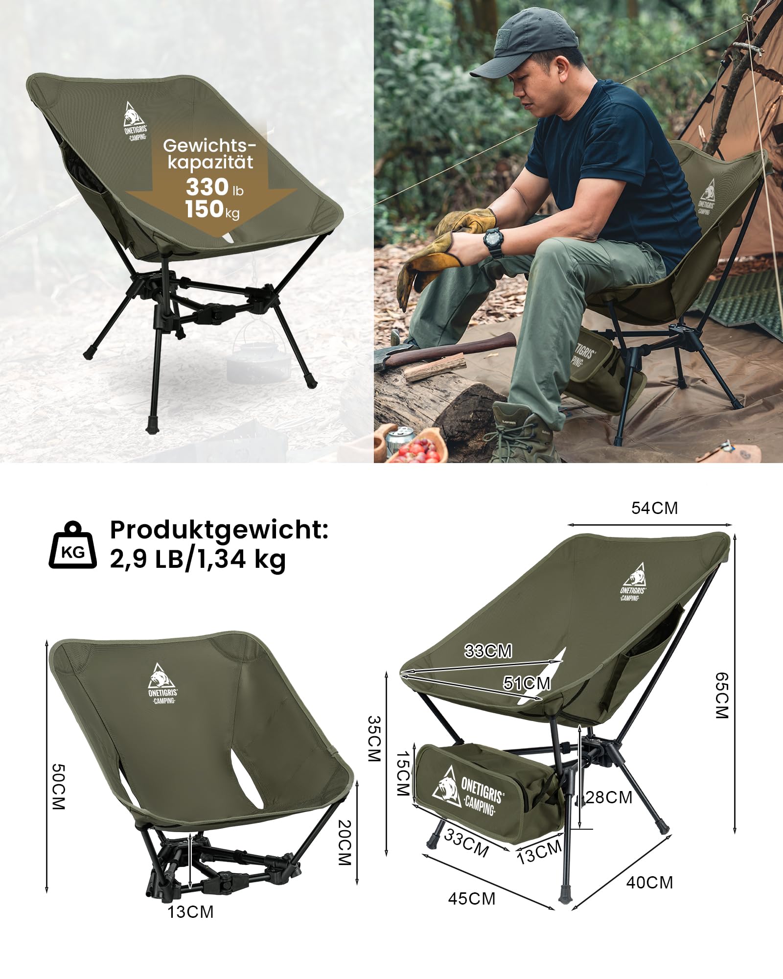 OneTigris TIGERBLADE Krzesło kempingowe składane 150 kg, lekkie krzesło kempingowe, trójkątna rama, ultralekkie, z 2 bocznymi kieszeniami, do użytku na zewnątrz, na wędrówki – Ranger Green (2 sztuki)