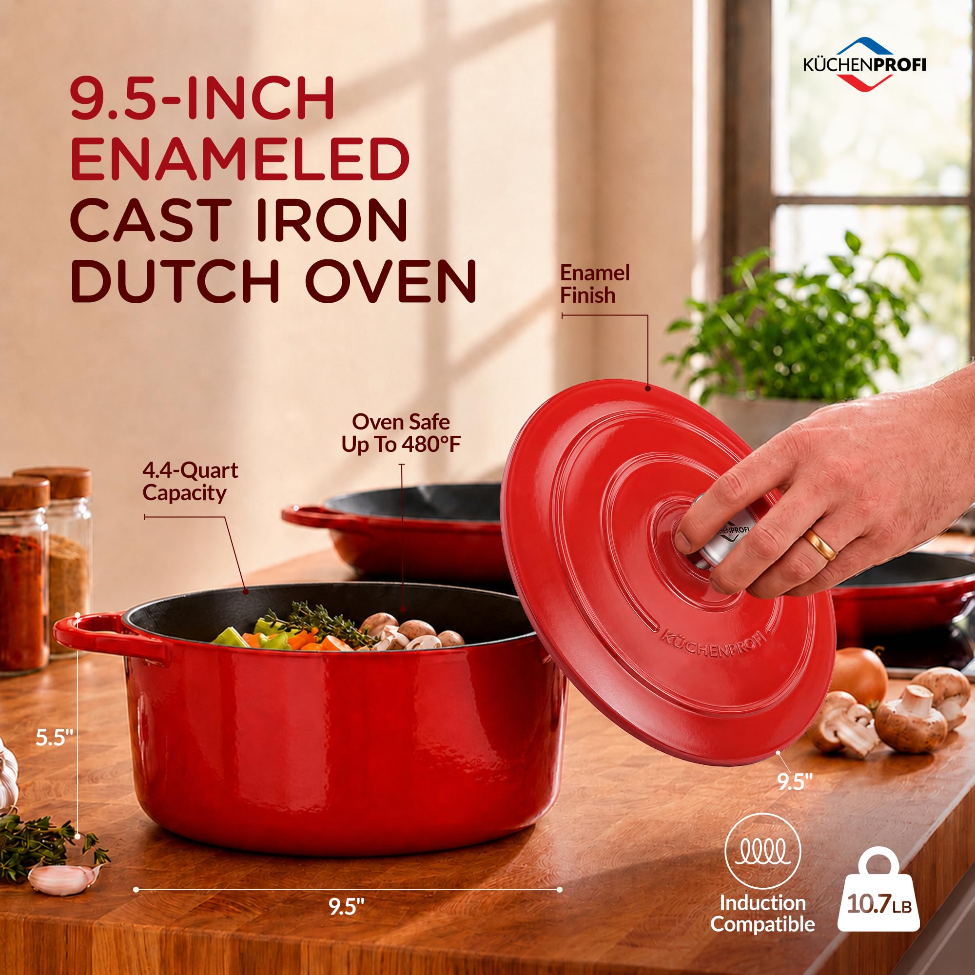 Küchenprofi Bratentopf Provence mit Deckel aus Gusseisen in der Farbe Rot Fassungsvermögen 4,2L, Maße: 24cm x 11,3cm, 04 0100 04 24