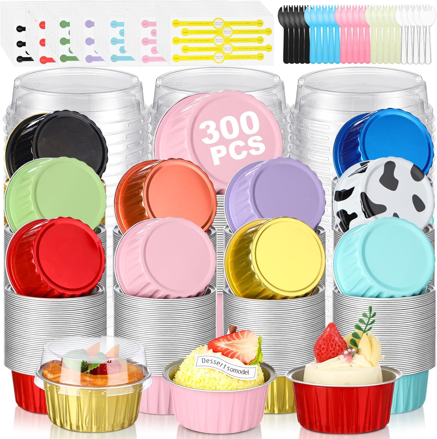 LemonRoad 900 Pcs Round Mini Loaf Pans with Lids Spoons Sealing Sticker Disposable Small Cake Baking Pans Aluminum Foil Cupcake Cups for Wedding Baby Shower Birthday Party, Mixed Color