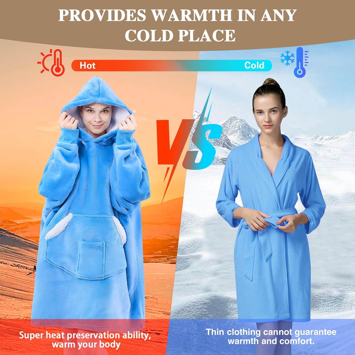 Wearable Blanket Hoodie, Oversized Sherpa Fleece Sweatshirt Blanket with Giant Pockets & Sleeves for Adult, Cozy Hooded Blanket, Winter Gift for Women, Blue - Image 8