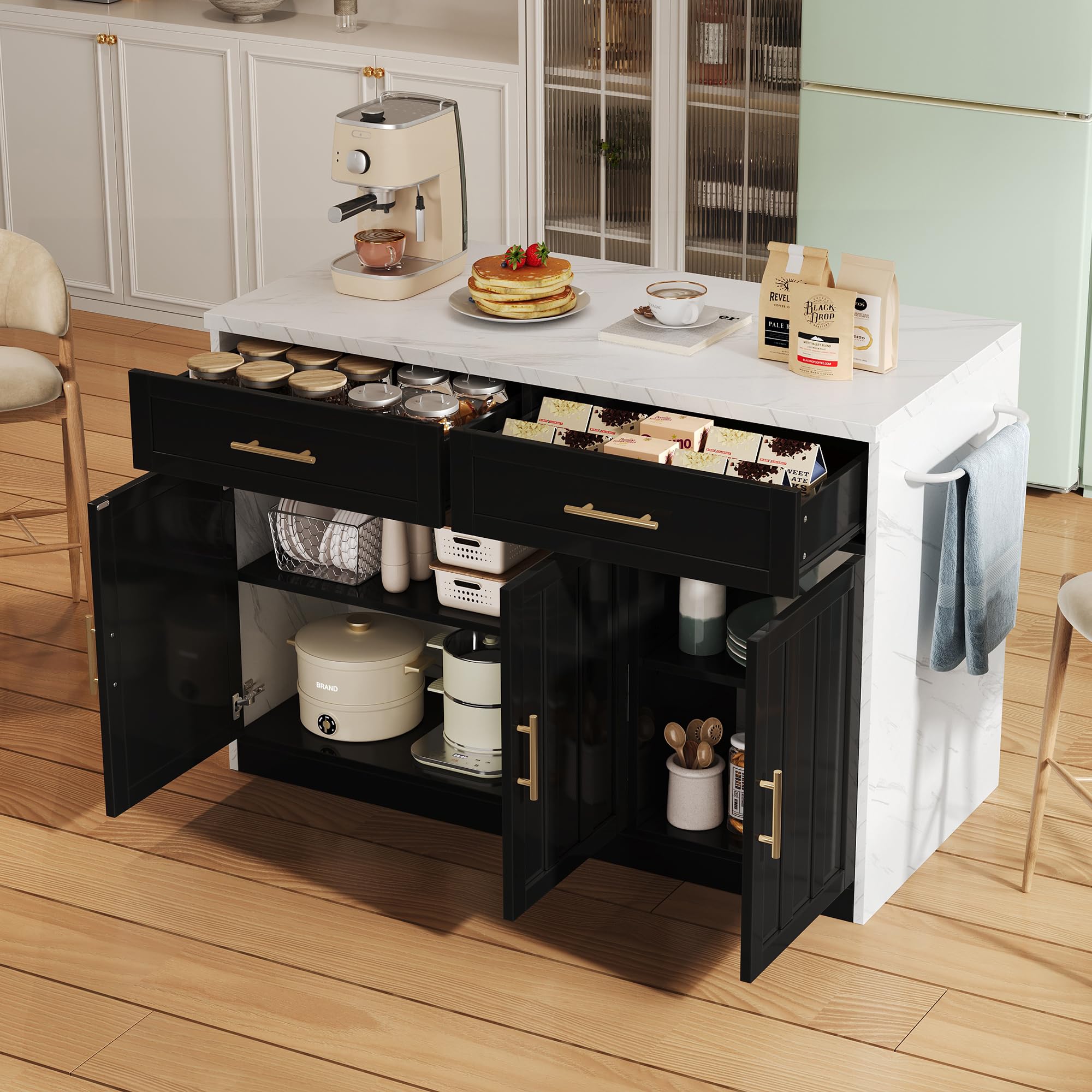 SACOOL 120 x 60 x 91 cm, isola da cucina, prese, porte USB, cavo di alimentazione lungo 1,5 m, ripiani regolabili, maniglie in metallo, porta asciugamani, zona bar, adatto per appartamenti
