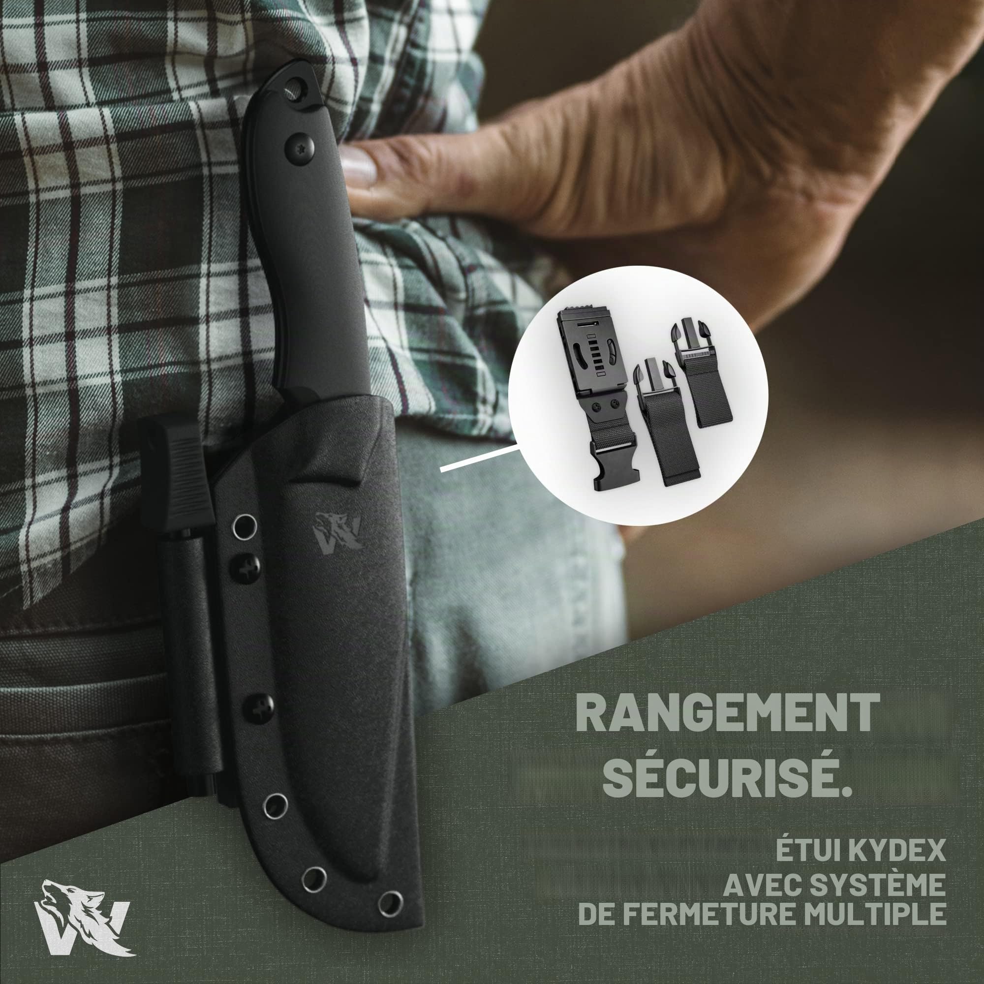 Wolfgangs - Couteau d’extérieur avec étui Kydex - Usiné dans un seul bloc d’acier D2 - Allume-feu et sifflet d'urgence inclus