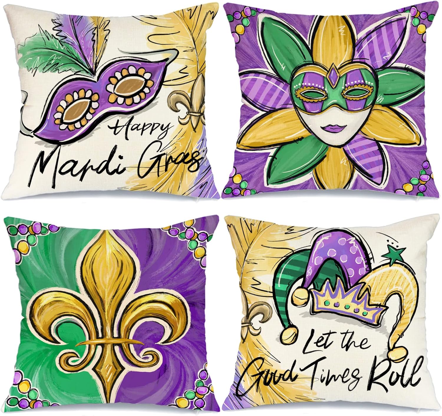 GEEORY Mardi Gras Pillow Covers 16 x 16 Set of 4 for Beads