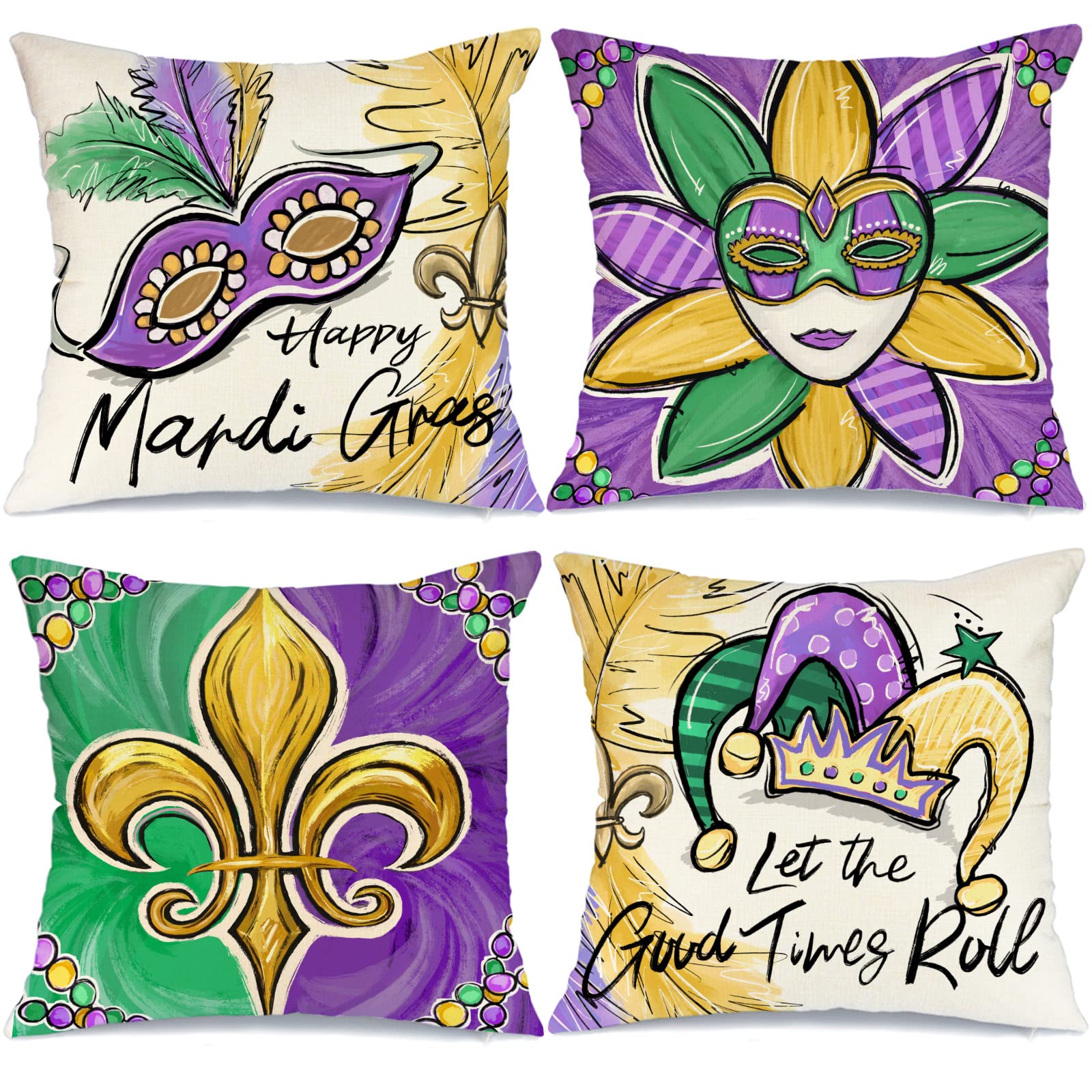 GEEORY Mardi Gras Pillow Covers 18 x 18 Set of 4 for Beads, Masquerade Mask, Fleur De Lis, Feather - Happy Mardi Gras Decor Throw Pillows Decorative Cushion Cases