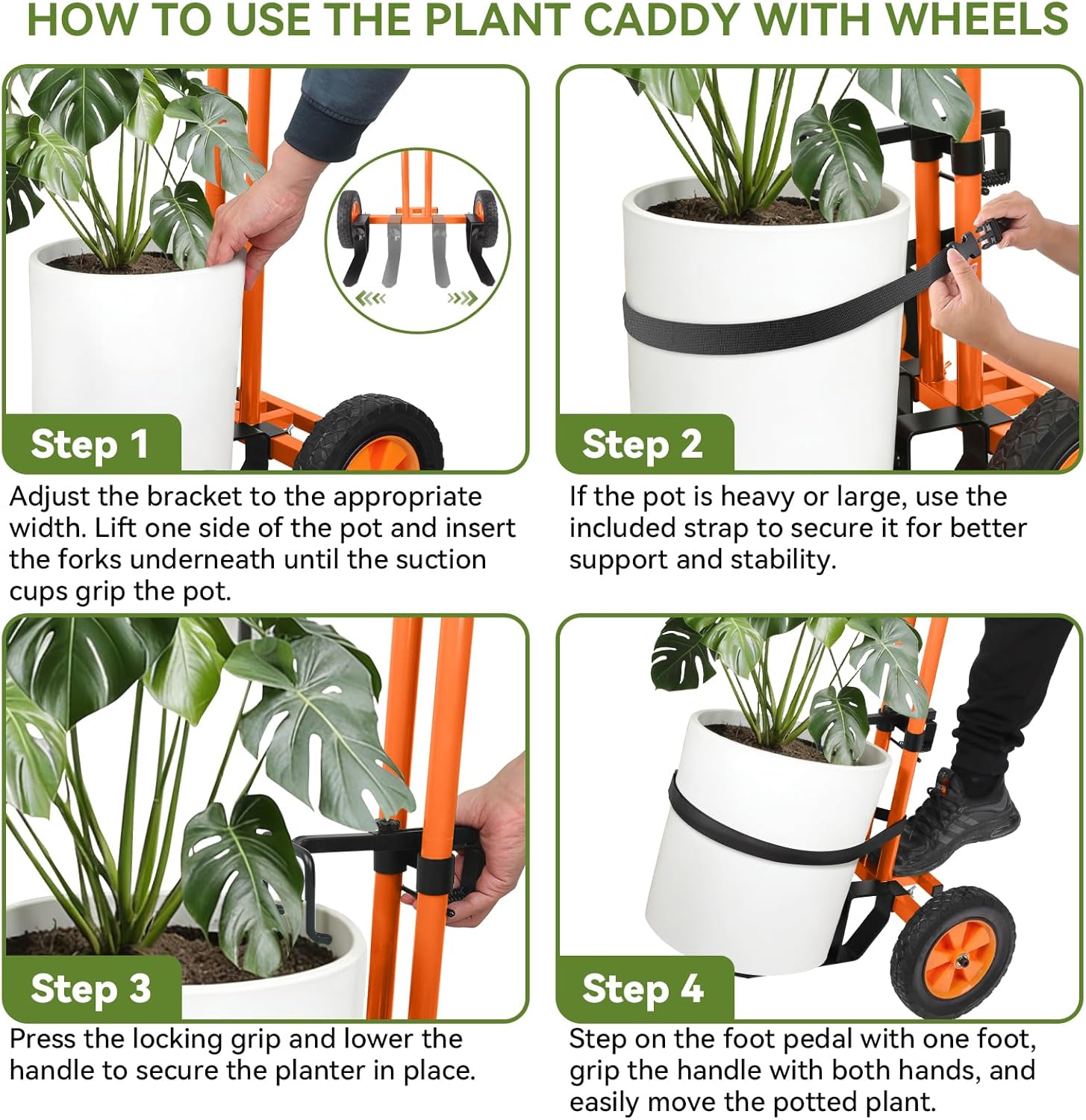 Rolling Plant Caddy with Wheels, 187LBS Heavy Duty Plant Dolly, Potted Plant Mover with Adjustable Grabbing Arm & Suction Cups, Garden Pot Mover Trolley Cart with Strap, Indoor & Outdoor Use