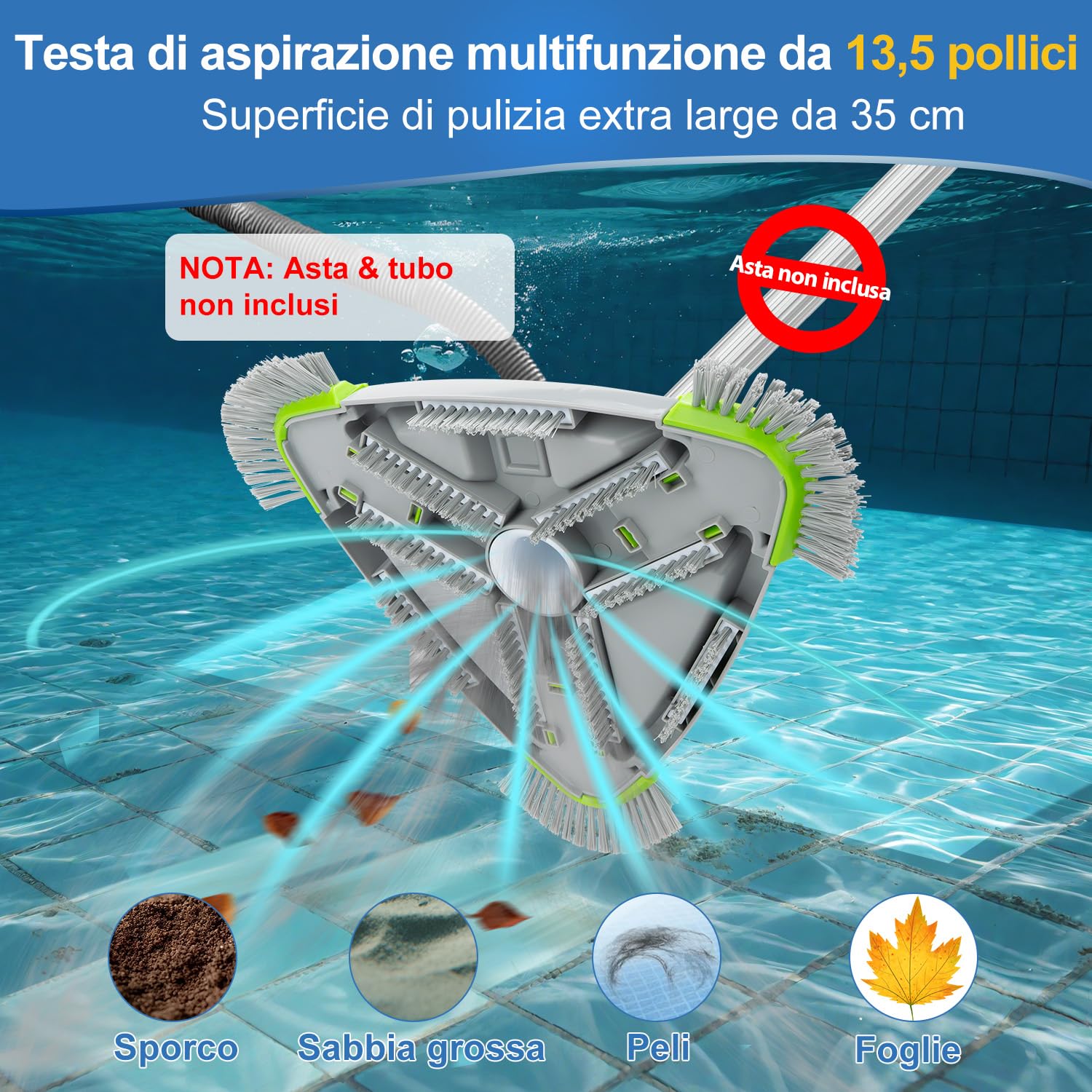 Spazzola Piscina con Attacco Aspirazione 35cm Triangolare, Spazzola Aspirafango Piscina con Spazzole Laterali, Testa Aspiratore Piscina per Tubo 32/38mm, Pulitore Piscina per Piscine Fuori Terra