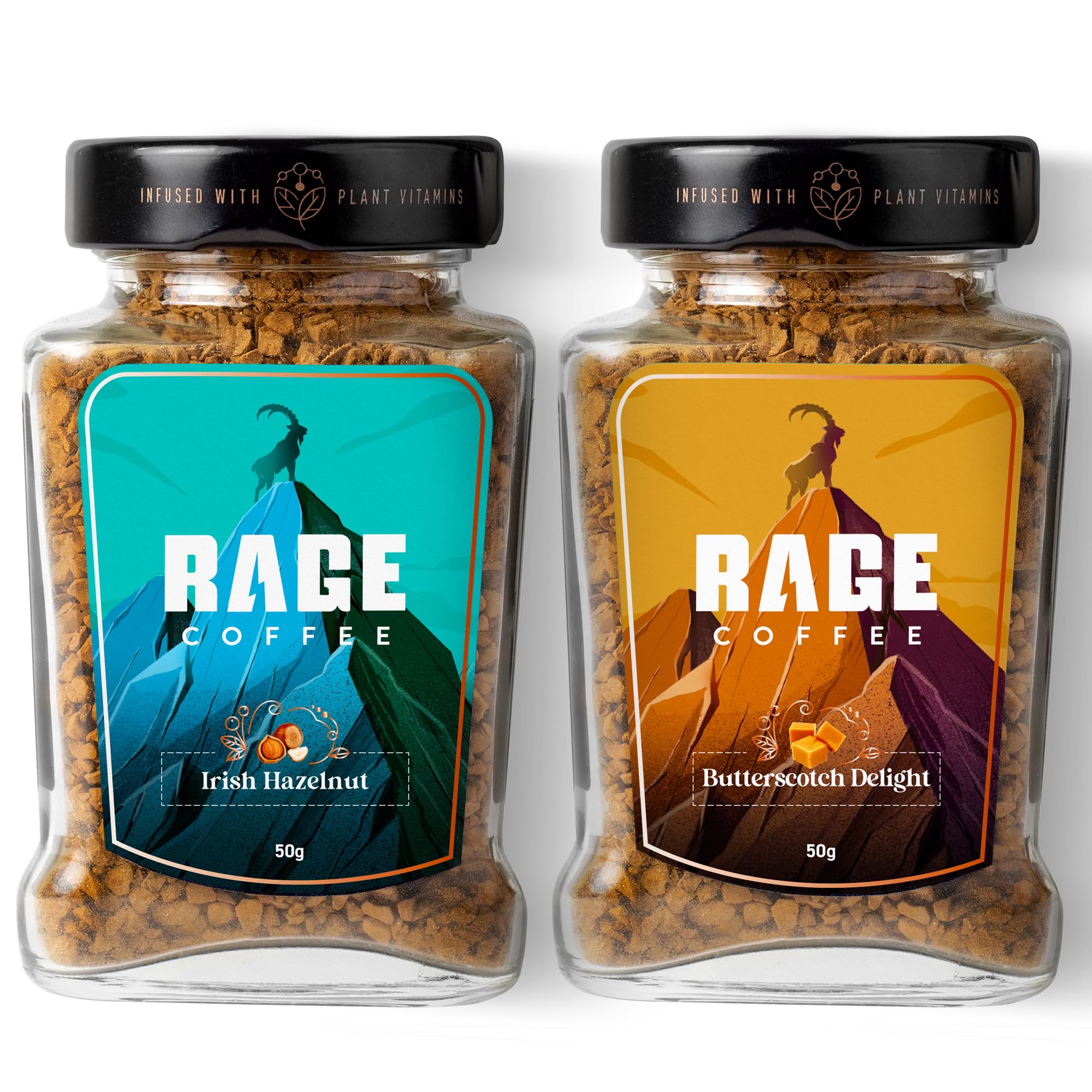 RAGE COFFEEInstant Coffee Combo Pack of 2 - Butterscotch Delight & Irish Hazelnut (Flavoured Instant Coffee 50gms each made using premium Arabica Beans), Glass Bottle