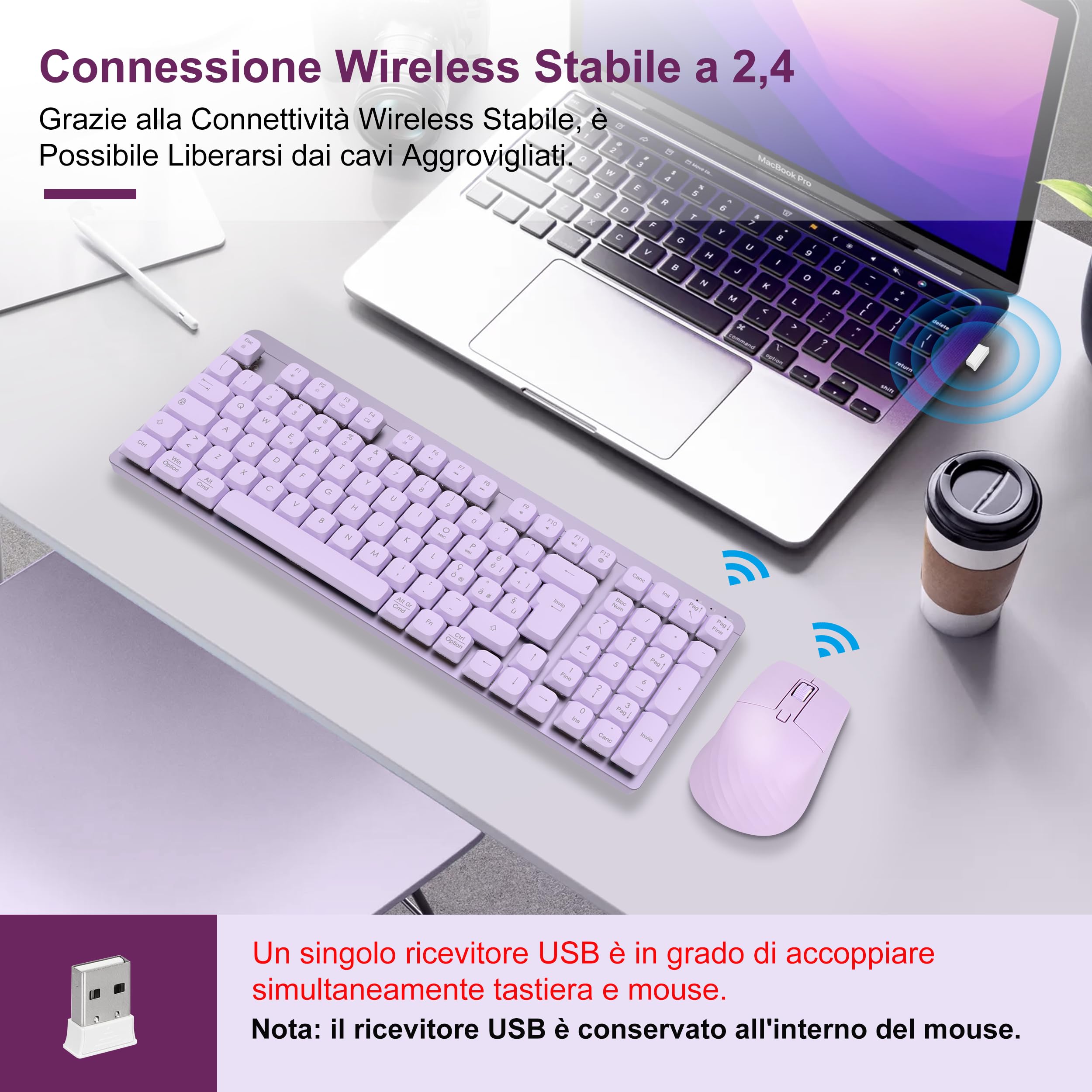LeadsaiL Tastiera e Mouse Meccanica Wireless FA98, Basso Profilo Switch Rossi Tastiera senza Fili con ricevitore 2.4G, 96% Keyboard, 98 Tasti, Silenzioso, Italian QWERTY per PC Mac/Windows-Lavender