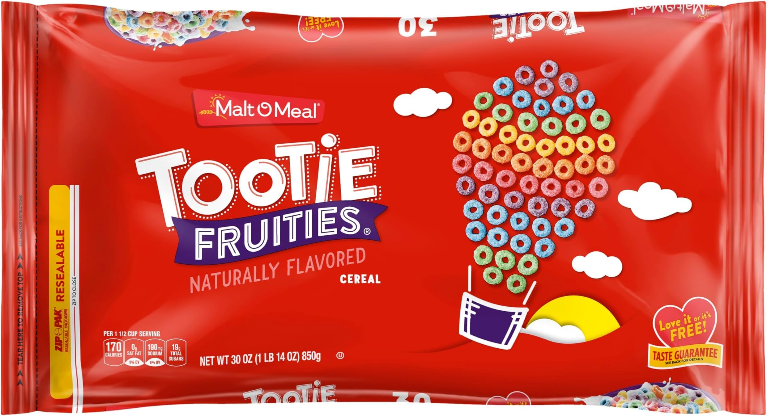 Malt-O-Meal Tootie Fruities Breakfast Cereal, Colorful and Fruity Cereal for the Family, Family Size, 30 OZ Resealable Bag