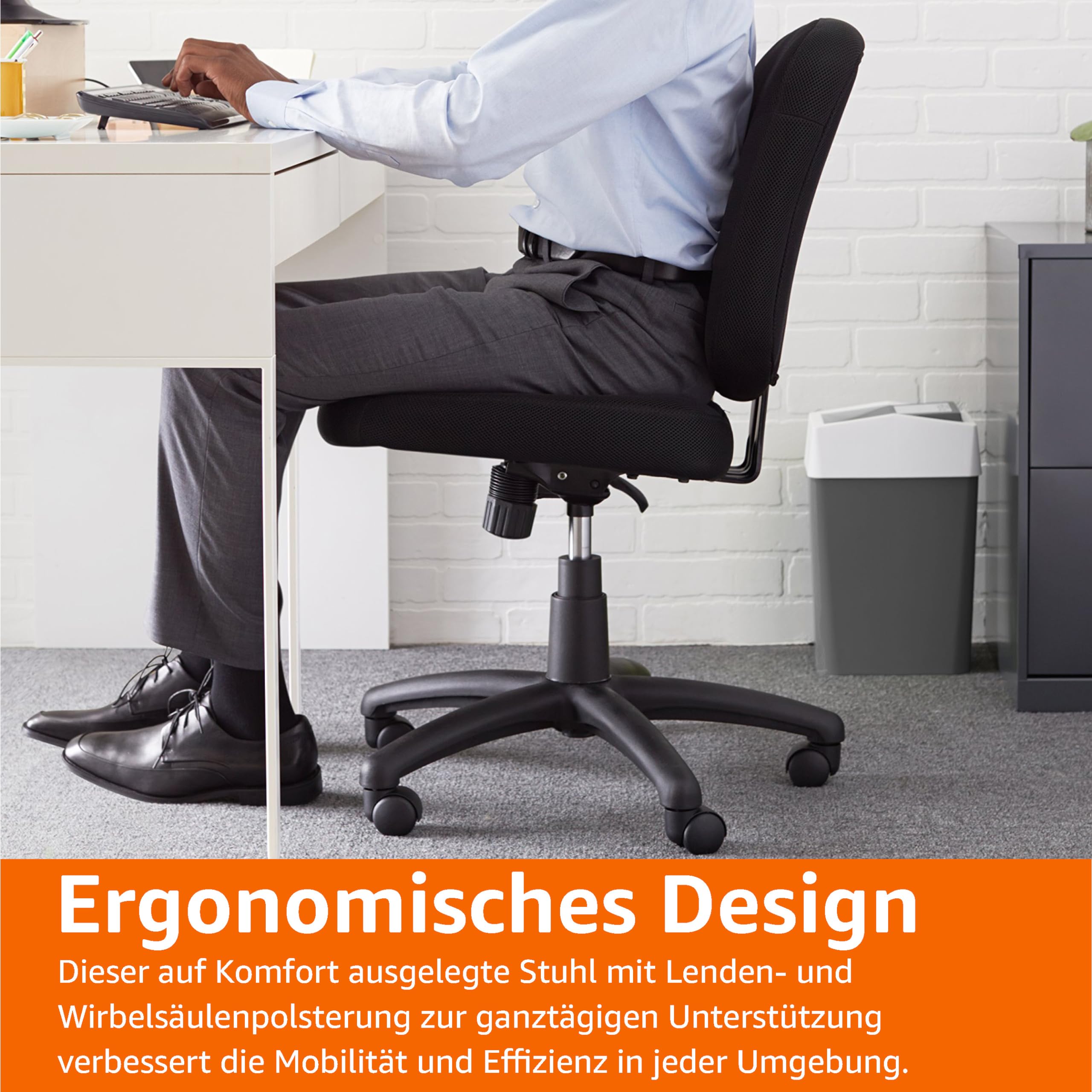 Amazon Basics Bürostuhl, Schreibtischstuhl mit gepolsterter Rückseite, rückenfreundlich, höhenverstellbar, einfache Montage, 65 D x 61 W x 87.5-98 H cm, schwarz