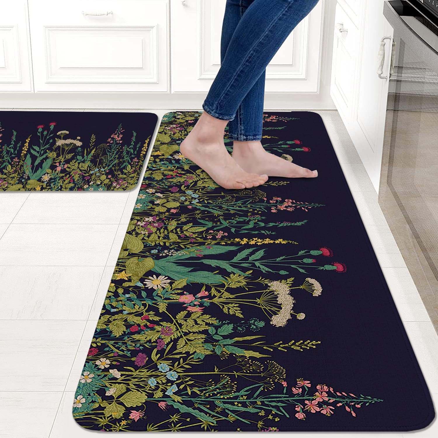 Farmhouse Kitchen Rugs Set of 2, Weeds Floral Wildflower Kitchen Mats for Floor,Non-Slip Sink Mat Spring Kitchen Decor Doormat+Runner Rug