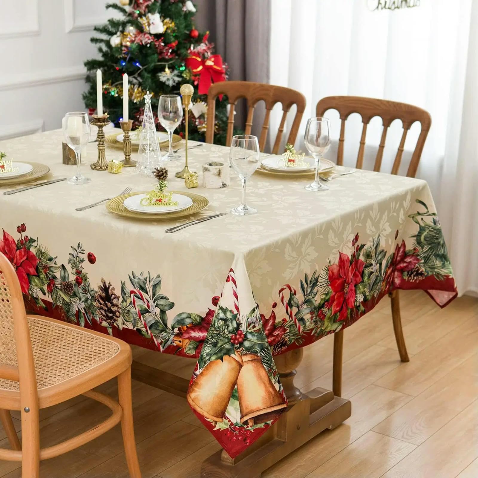MANQILE Christmas Jacquard Rectangle Tablecloth Party Decor Waterproof Xmas Table Cover for Kitchen Dining Christmas Decor
