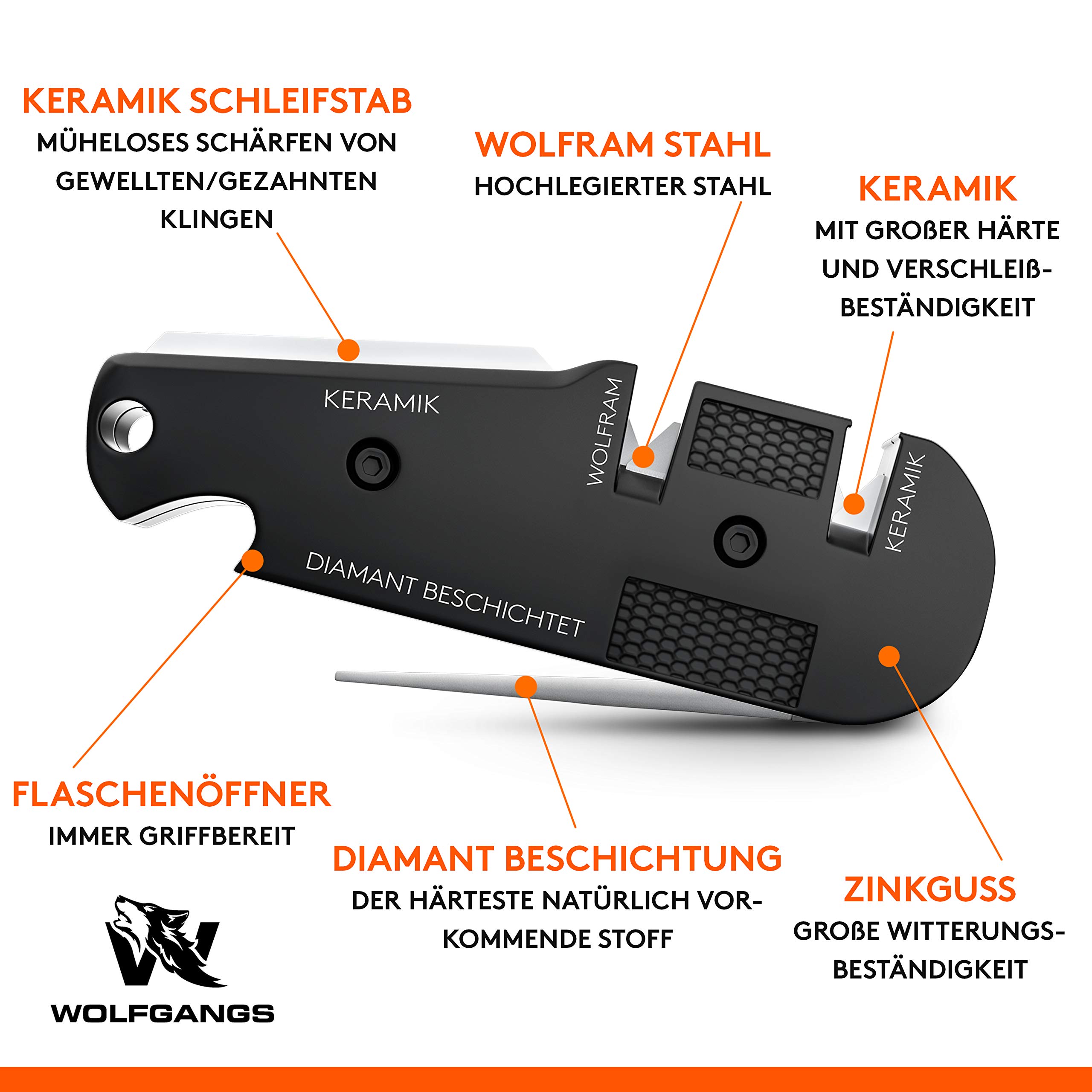 Wolfgangs KlingenDoktor 5 in 1 - Premium Pocket Klingenschärfer & Survival Tool - Geeignet für die gängigsten Klingenarten sowie Wellenschliff Schärfer - Perfektes Outdoor Zubehör