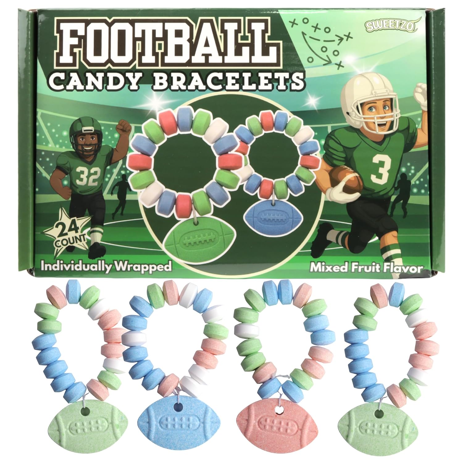 Football Candy Bracelets, Sports Themed Edible Jewelry, Individually Wrapped Team Party Favors, 24 Count, 10.16 Ounces