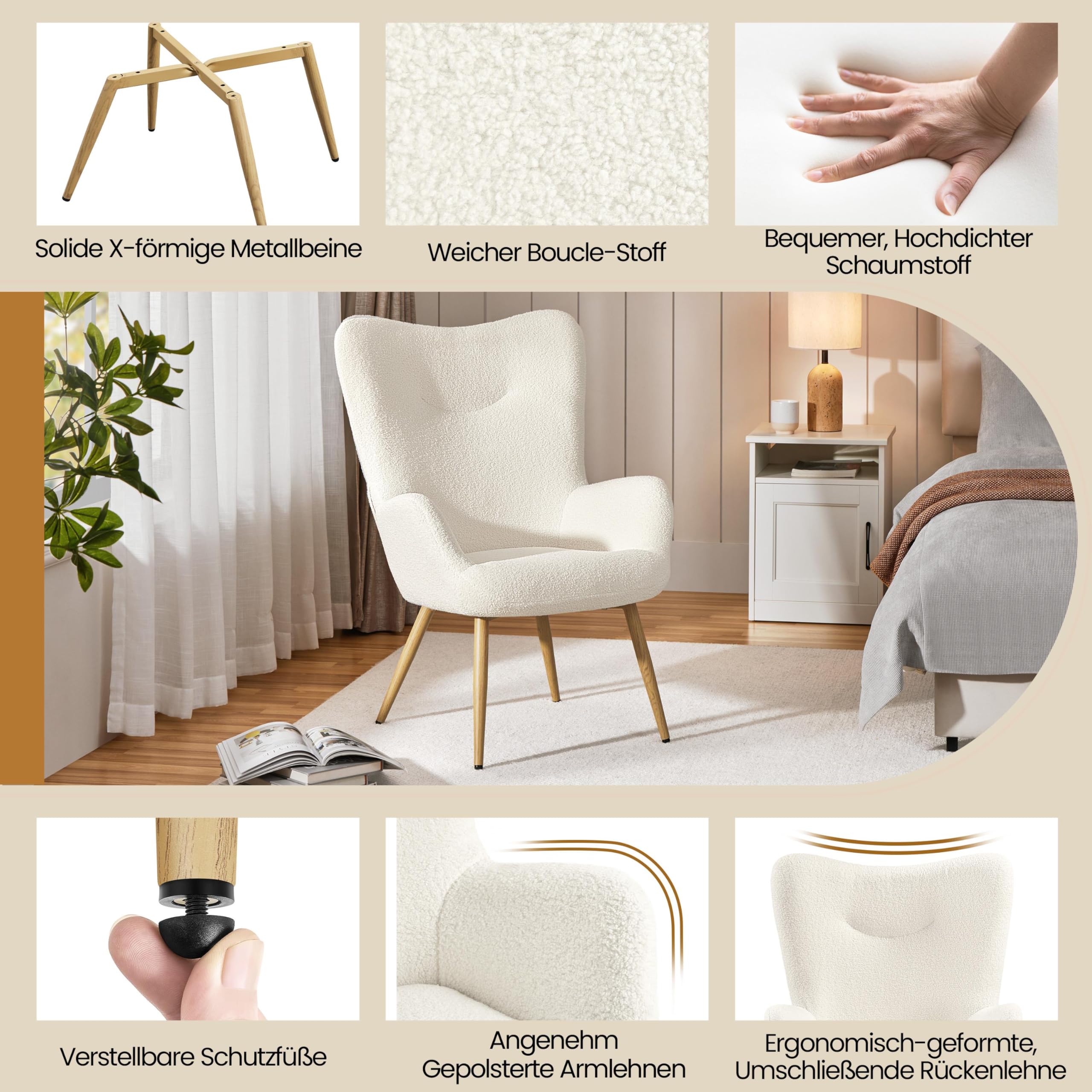Yaheetech Ohrensessel eleganter Armsessel Polsterstuhl mit klappbare Rückenlehne Lehnsessel bis 136 kg belastbar Sessel fürs Wohnzimmer/Schlafzimmer Elfenbein