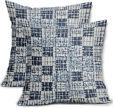 Navy Blue Grey Gray Pillow Covers 18x18 Set of 2 Abstract Plaid Pattern Decorative Outdoor Pillowcases Farmhouse Throw Cushion Case Couch Sofa Bed Decor