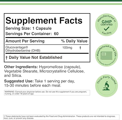 Miniatura 2 de Suplemento de dihidroberberina de 100 mg, 60 cápsulas (GlucoVantage Super Berberina patentada, puede ser 5 veces más eficaz que la berberina con