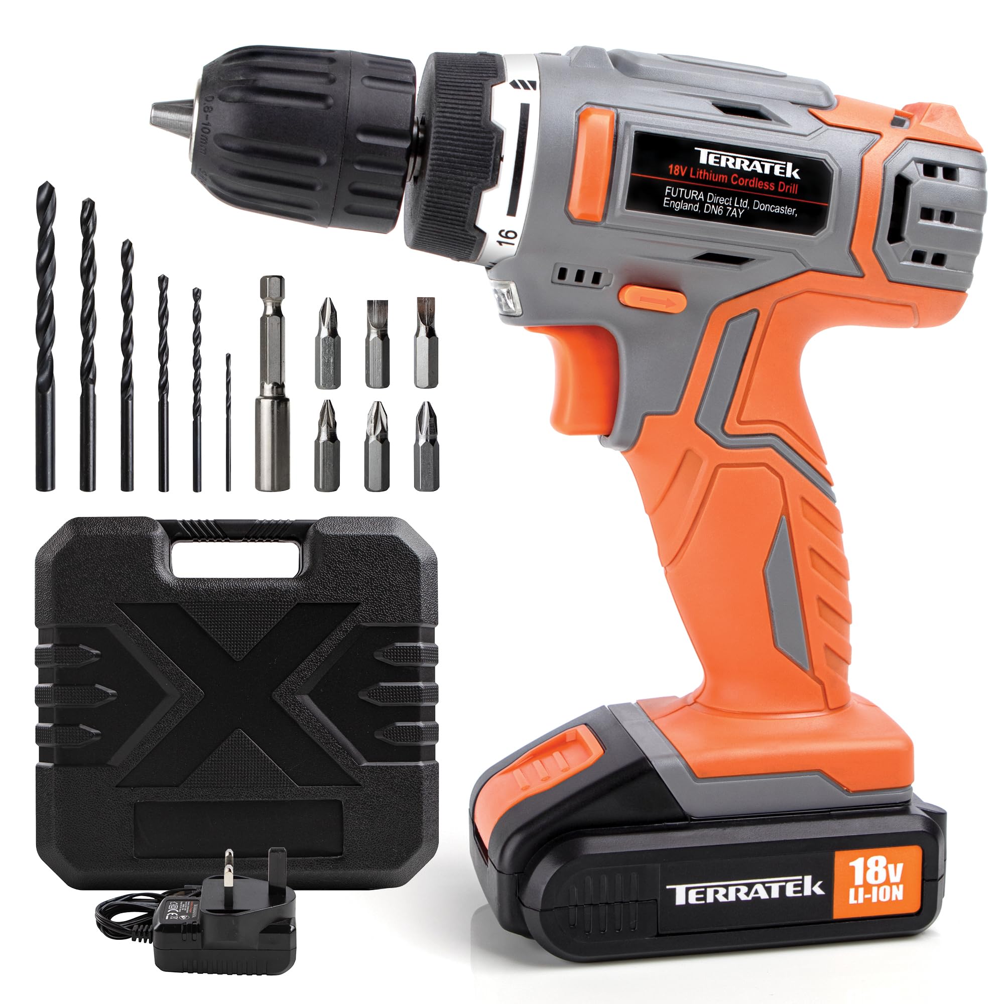 Terratek 18V Cordless Drill And Screwdriver Set & Drill Bit 13 Piece Kit Li-Ion Battery, Lightweight Power Battery Drill In Case 5060907182181