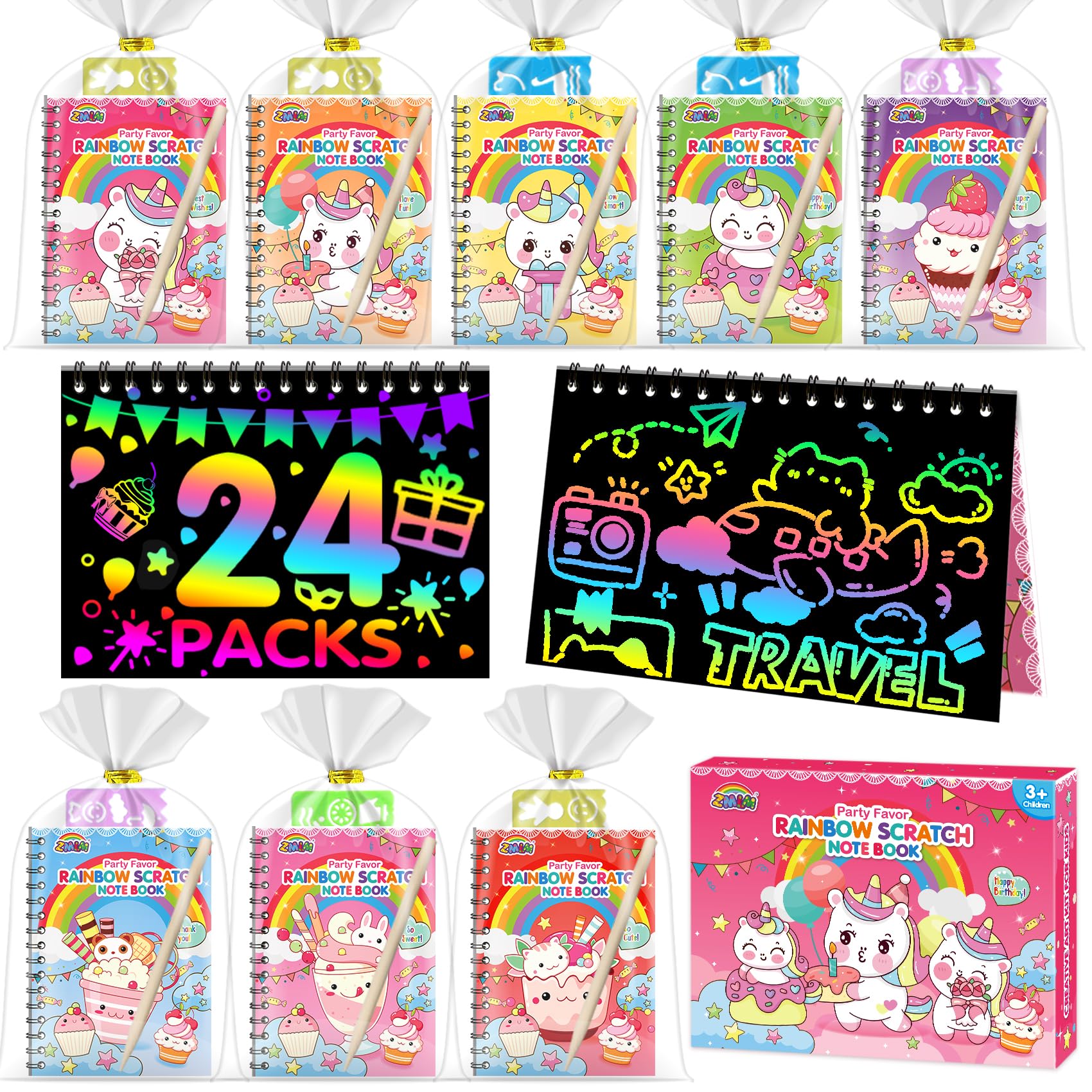 ZMLM Easter Basket Stuffers: 24 Pack Birthday Party Favors for Kids 4-8, Rainbow Scratch Art Notebook Paper, Goodie Bags Stuffers for Kids, Bulk