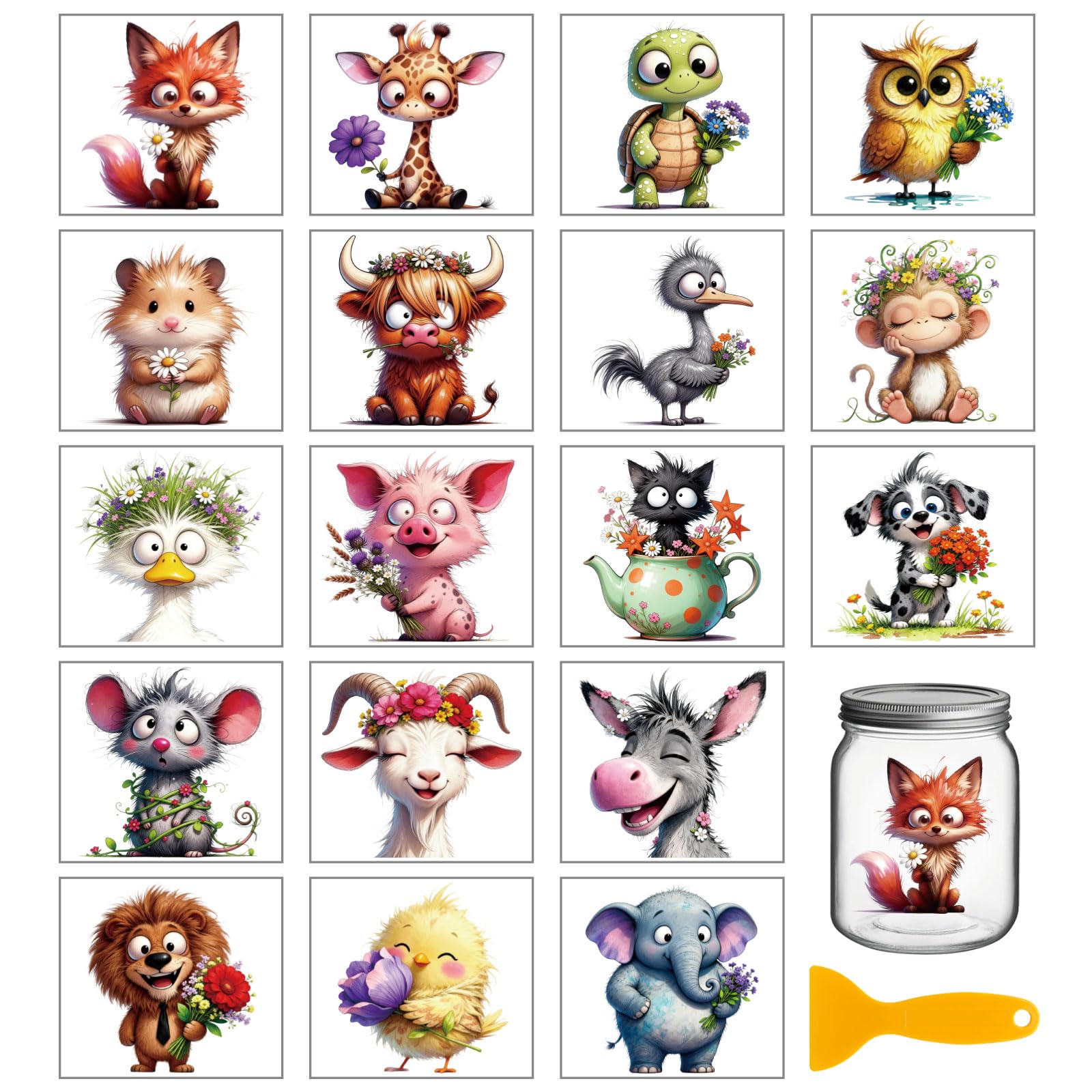 GLOBLELAND 18 Sheets Crazy Animals Rub on Transfers Fox Giraffe Flower Transfer Stickers Decals Watercolor Animals Floral Cup Stickers Decals for Furniture Vase Glass Bottle Table Decor