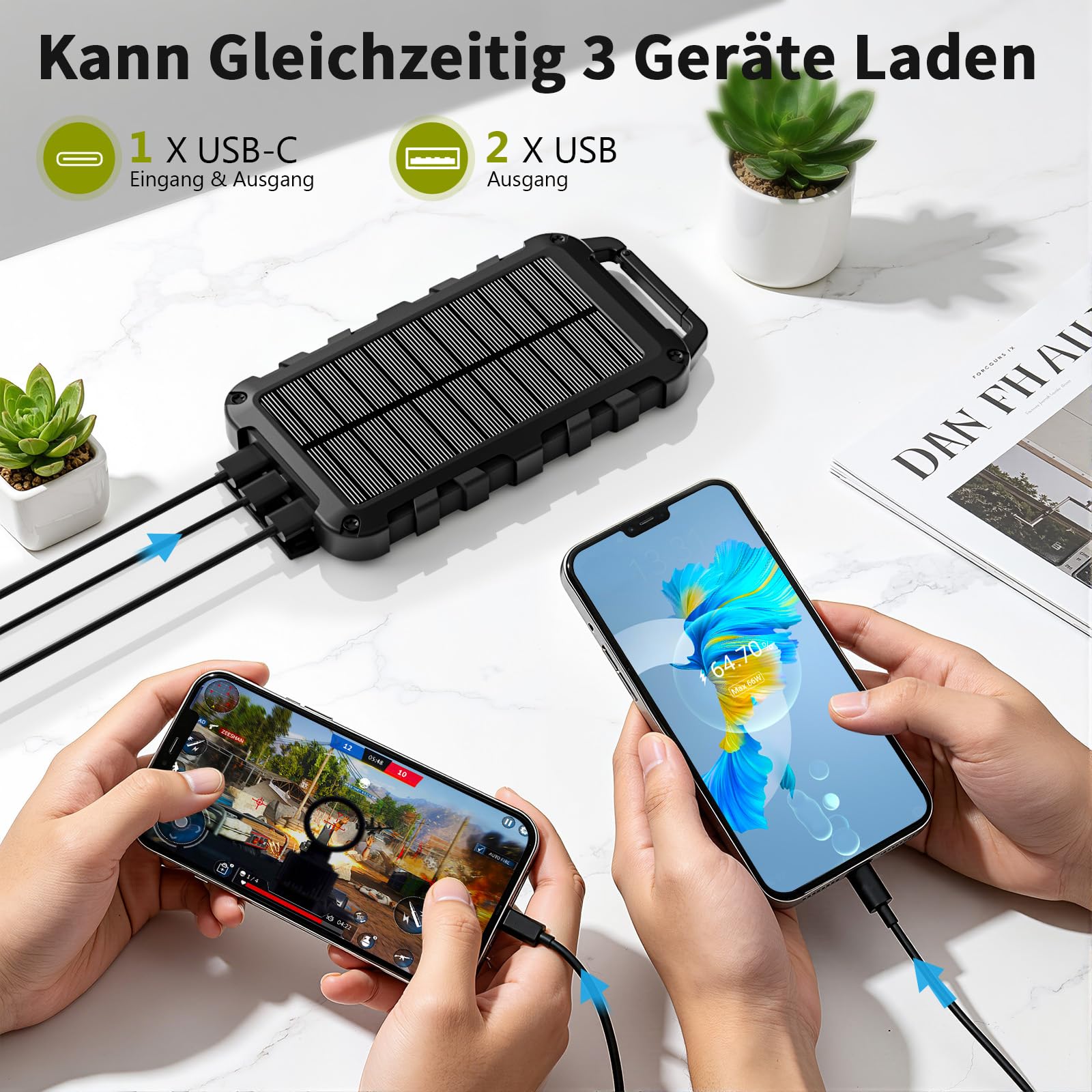 Solar Powerbank 10000mAh PD 22.5W Tragbares Solar Ladegerät USB C Outdoor Wasserdicht Externer Akku mit LED-Licht und 3 Ausgängen für Tablets Smartphones Outdoor Camping Schwarz