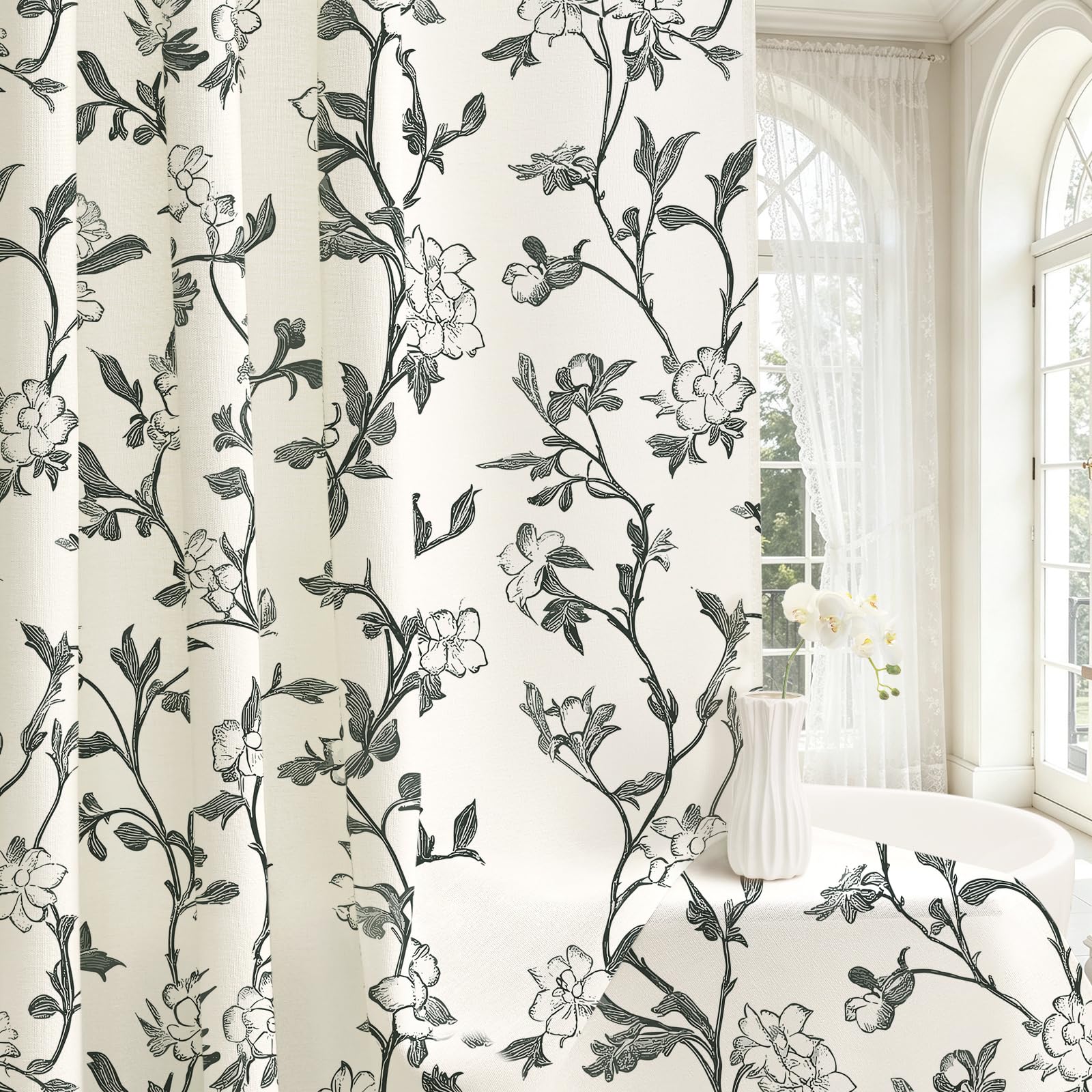 Gibelle Black Floral Cotton Shower Curtain, Cottage Farmhouse Style, 72x72