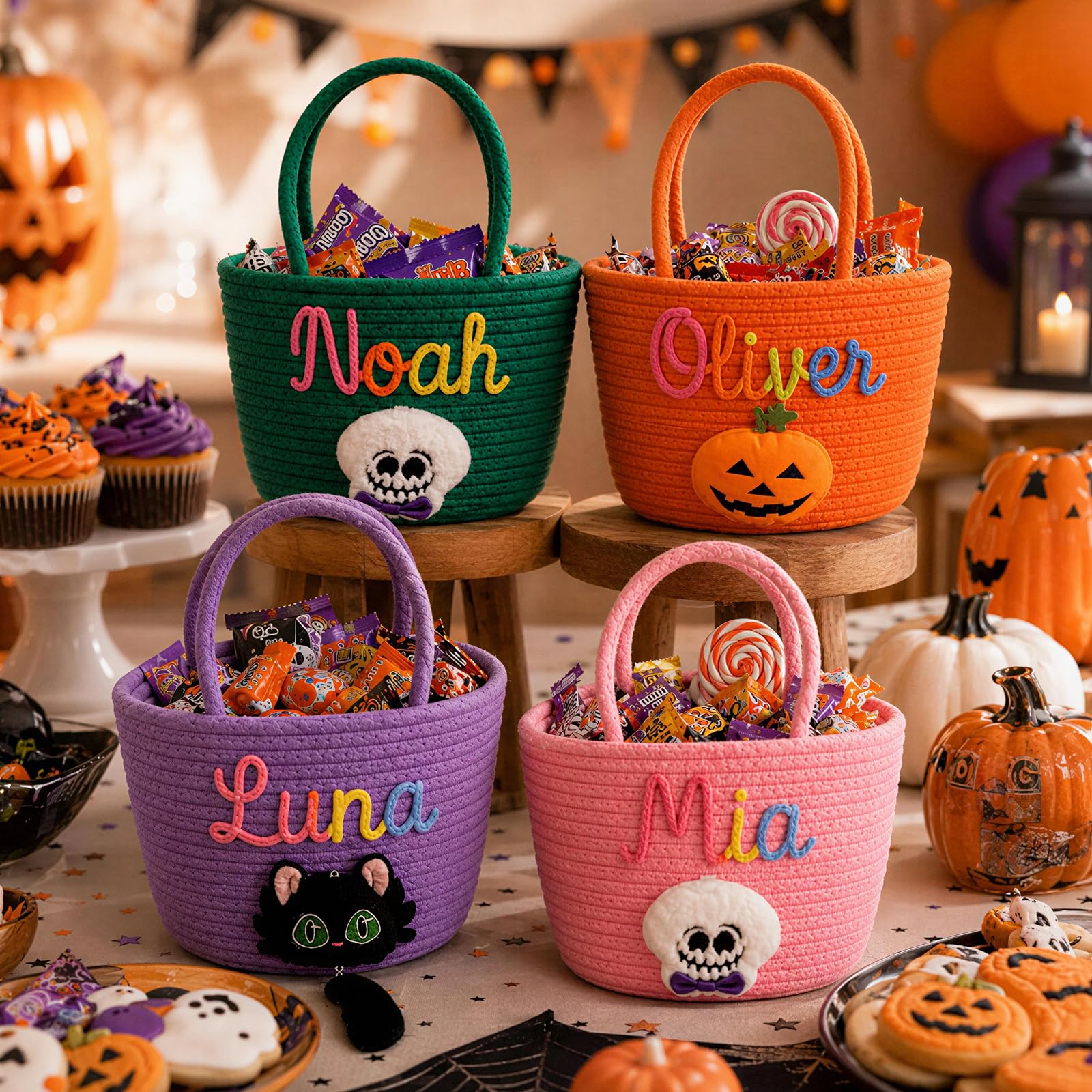 Personalised Halloween Basket Custom 3D Embroidered Name Trick or Treat Bag