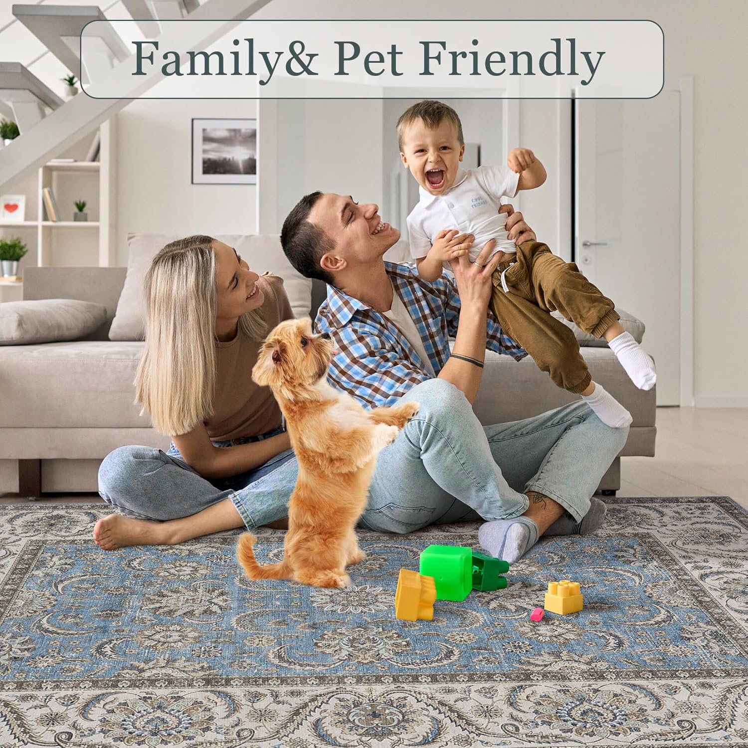 GarveeHome 8x10 Area Rug Retro Floral, Washable Rug for Living Room Boho Vintage Large Rug for Bedroom Soft Non Slip Low Pile Floor Mat Persian Carpets for Dining Room Office Stain Resistance, Blue - Image 7