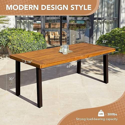 Miniatura 3 de Devoko Home Mesa de Comedor de Madera de Acacia para 6 Personas Mesa de Interior y Exterior con Patas de Hierro, Acabado Arenado, Teñido Natural,