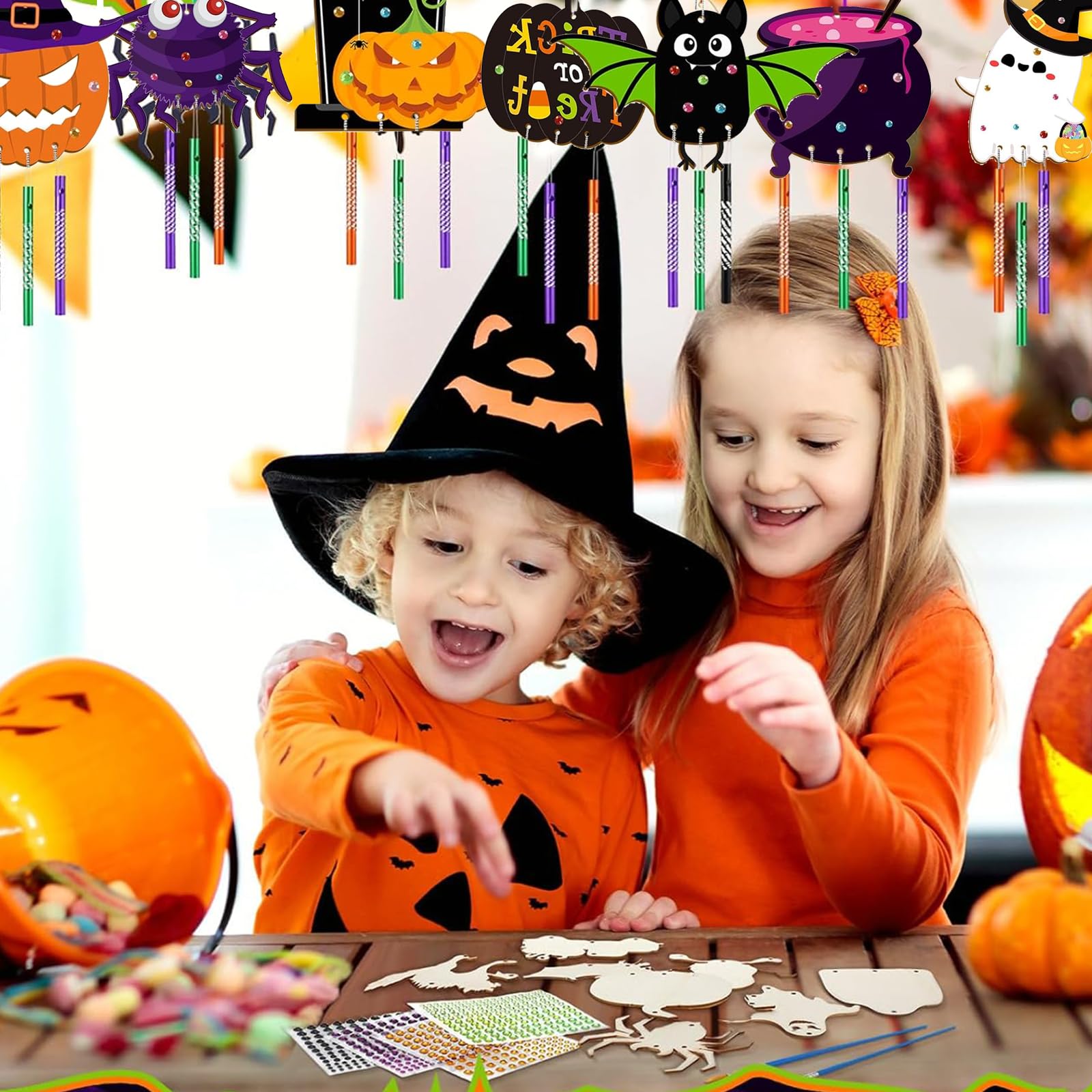 Kit DIY Carillon D'Halloween En Bois à Peindre - 9 Figurines (sorcière, Citrouille...), Tubes, Fils, Pour Activité Manuelle Enfant