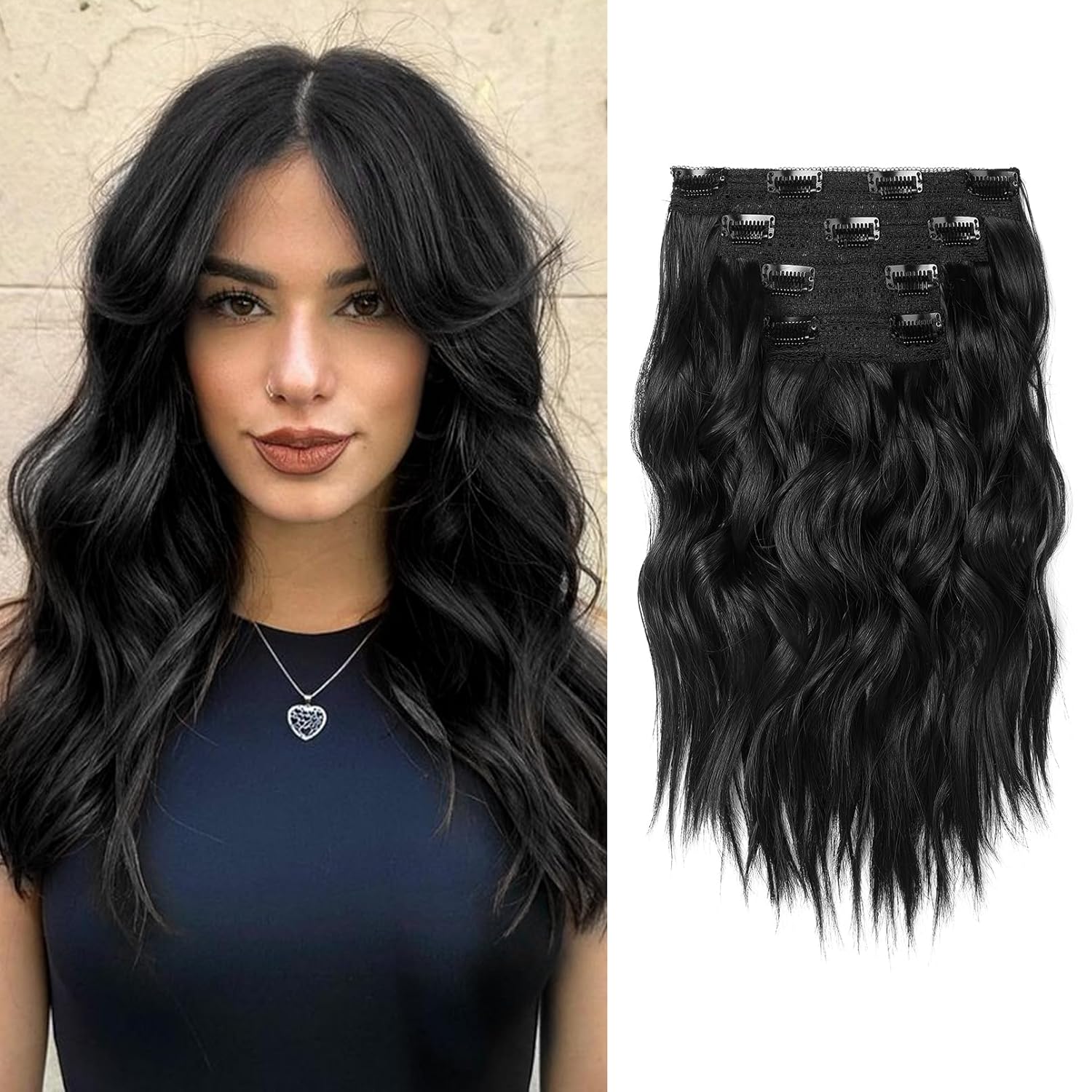 Hair Extensions, 14″ Short Clip in Hair Extensions 4PCS Beach Wave Blonde Natural Soft Synthetic Hairpiece for Women – Black