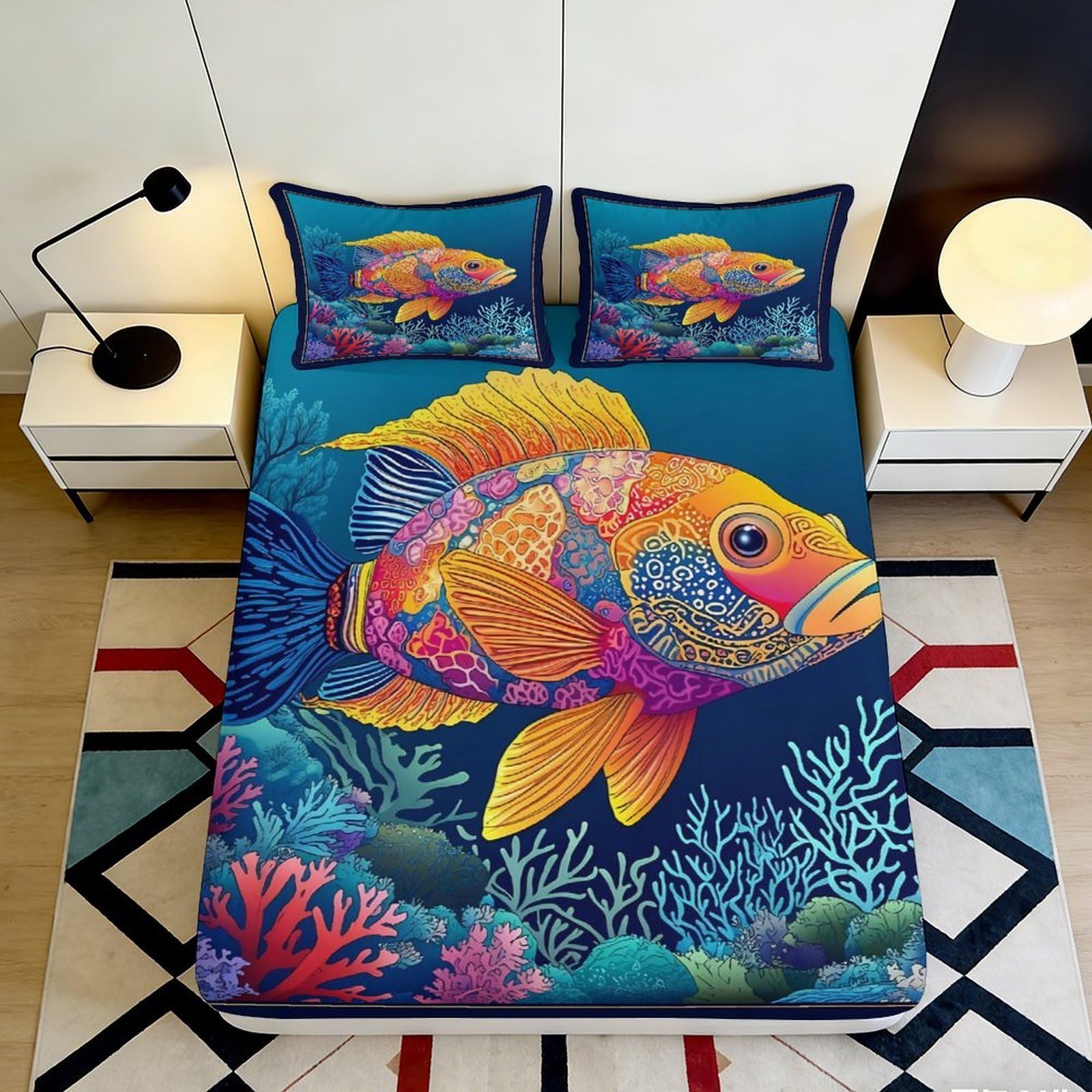 Jqzkxnhpbr Style-9 3D Printed Vibrant Tropical Fish Fitted Sheet Microfiber Soft Ocean Coral Mattress Cover Anti-Slip Machine Washable For Bedroom Guest Room 90X200x25cm