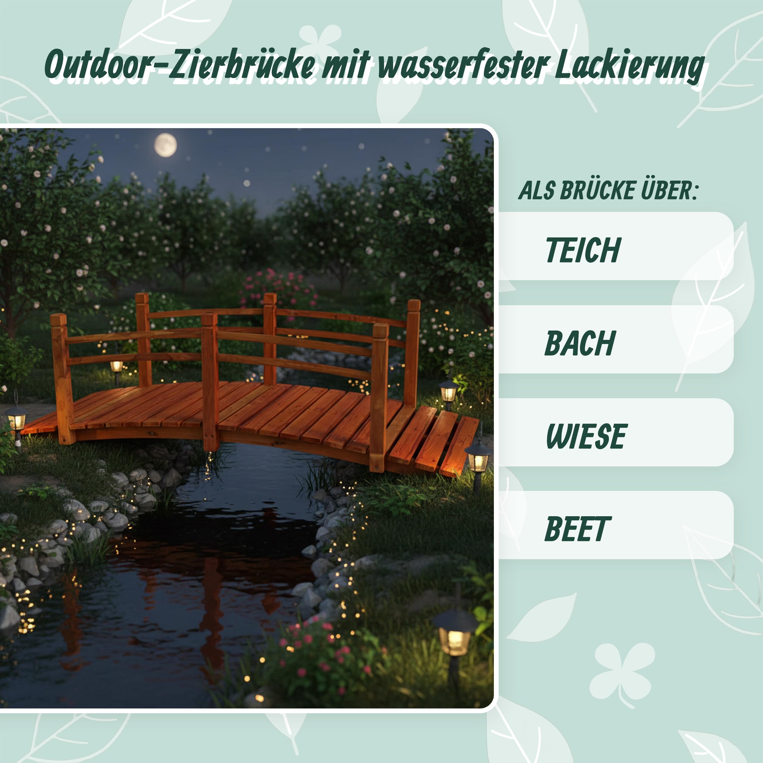 Relaxdays Garten Brücke, mit Geländer, Tannenholz, Gartenteich, HxBxT: 58 x 185 x 72 cm, 200 kg, Holzbrücke, orange