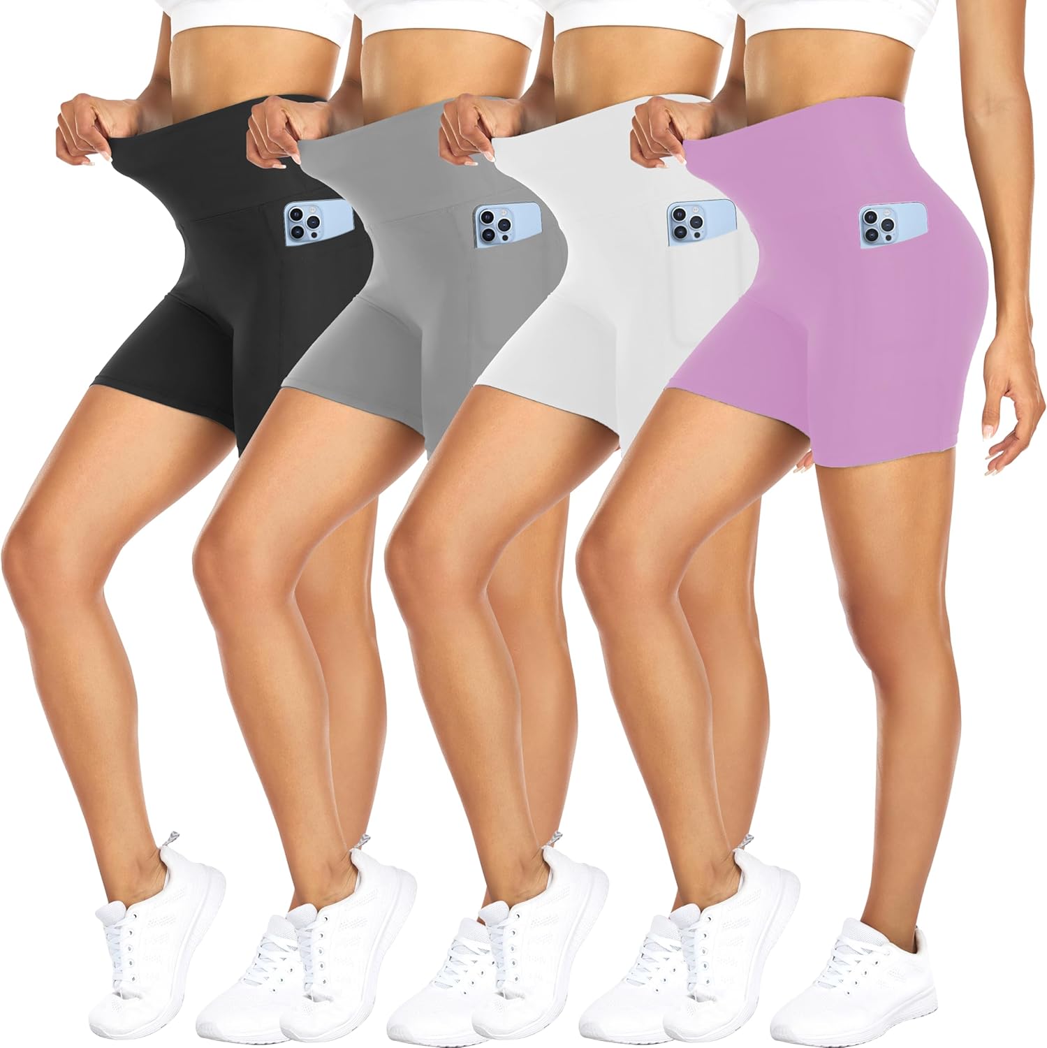 FULLSOFT 4 Pack Biker Shorts for Women with Pockets – 5" High Waisted Tummy Control Workout Yoga Running Gym Tennis Shorts