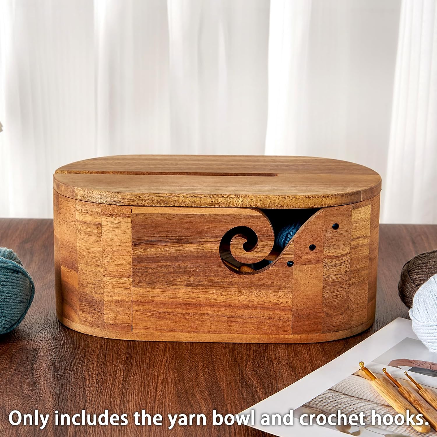 Acacia Wood Yarn Bowl with Lid & Built-in Phone Holder, Includes 9 Crochet Hooks, Yarn Storage Box & Yarn Holder for Crocheting & Knitting, Crochet Accessories, Crochet Gifts 11.2 x 6 x 5 Inches
