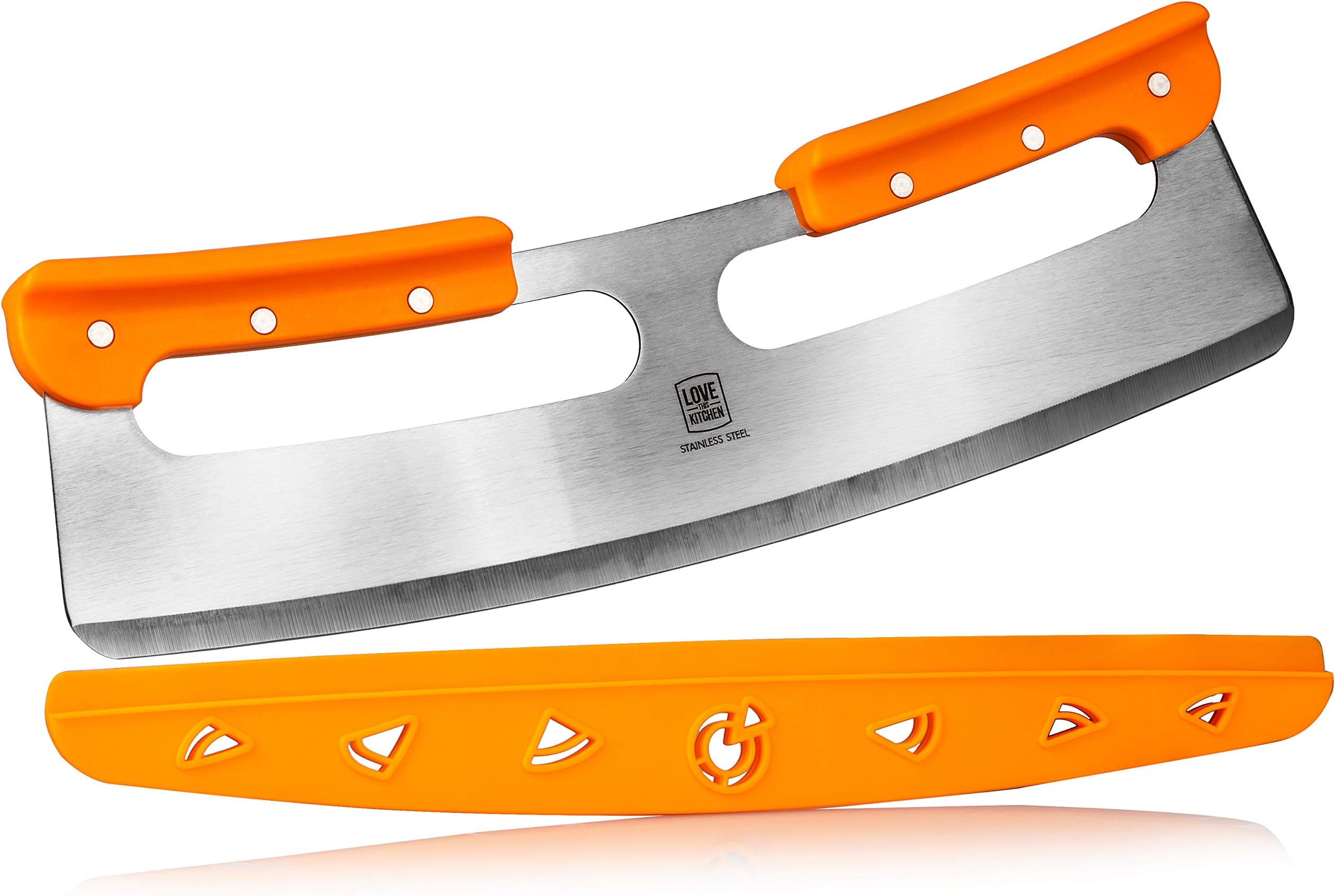 The Ultimate 35,5cm Pizza Cutter / Slicer, Rocker Style. Sharp Edge with Safety Protective Cover / Sheath. Unique Design Provides a Safer Grip than a Mezzaluna Chopper. Premium HQ Stainless Steel