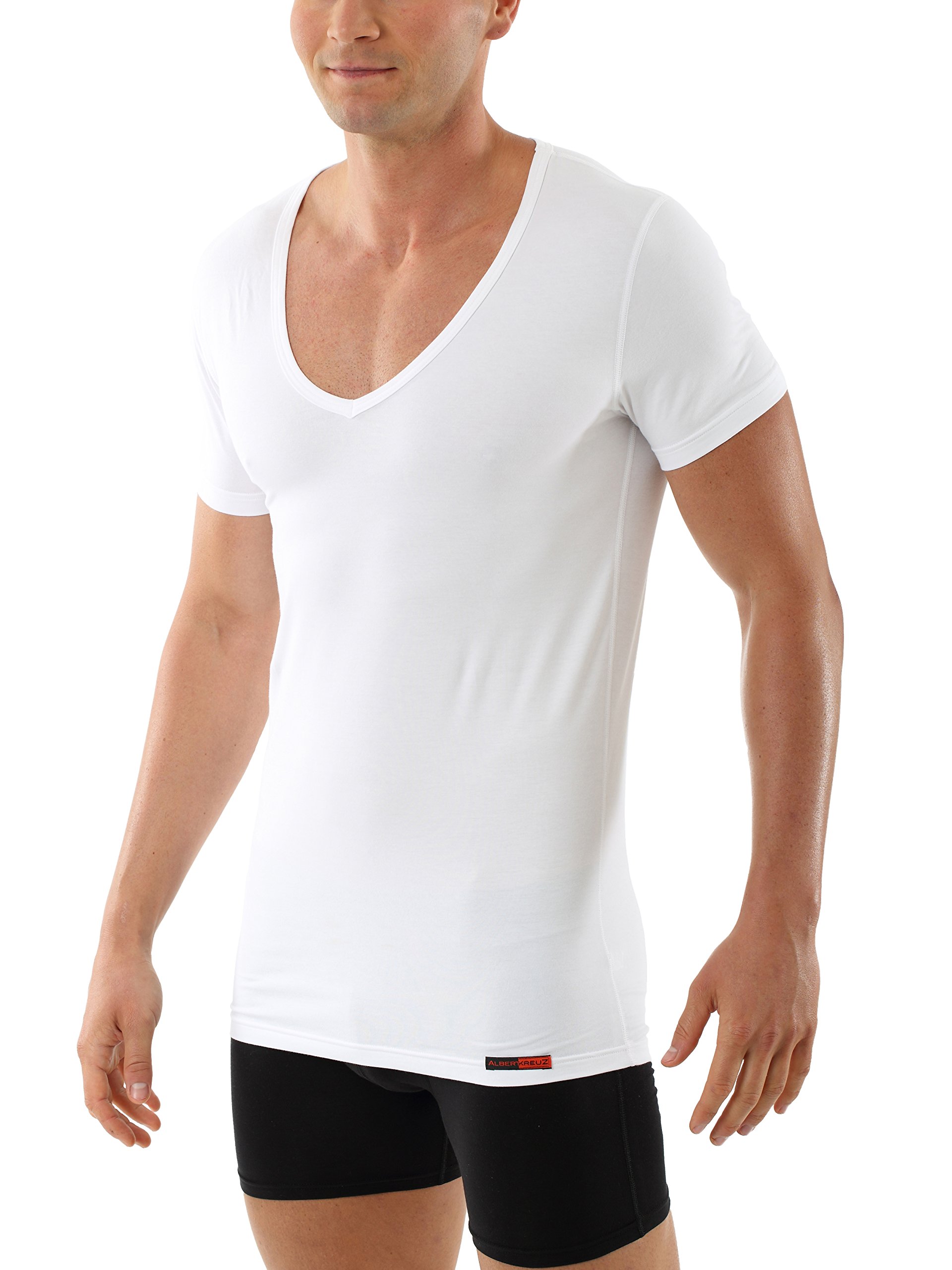 ALBERT KREUZ Maglietta Intima Cotone Elasticizzato Maniche Corte Scollo a v Profondo Deep-v Hamburg Bianca