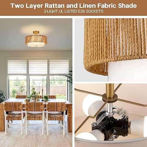 Miniatura 3 de Lámpara de techo semiempotrada de 16 pulgadas, lámparas bohemias con pantalla de tela blanca de tambor de 2 niveles, lámpara de 3 luces de tambor de