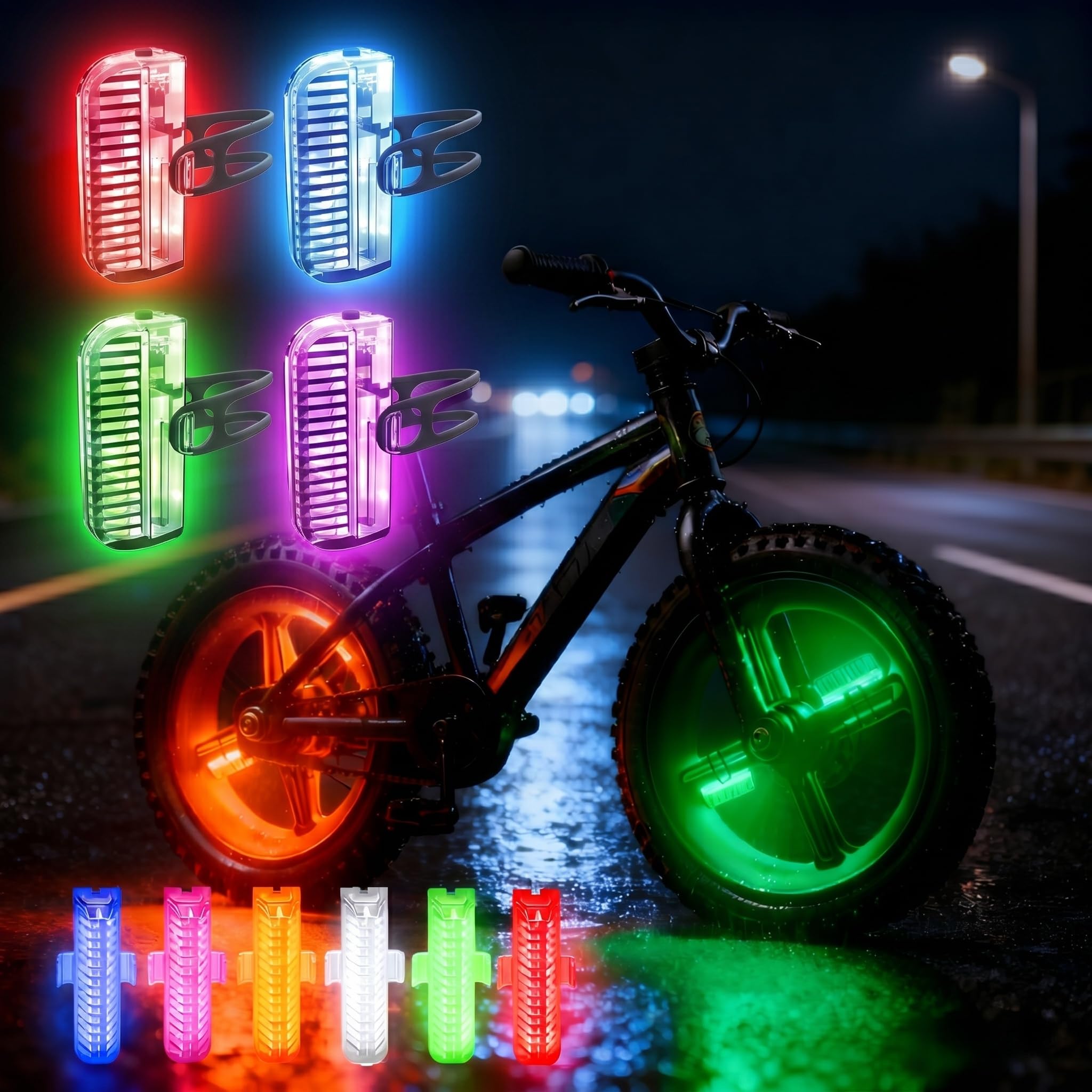 HANZE Lumières LED rechargeables pour rayons de vélo - 7 couleurs avec 12 modes clignotants - Détecteur de mouvement marche/arrêt automatique - Accessoires étanches pour vélo électrique pour enfants