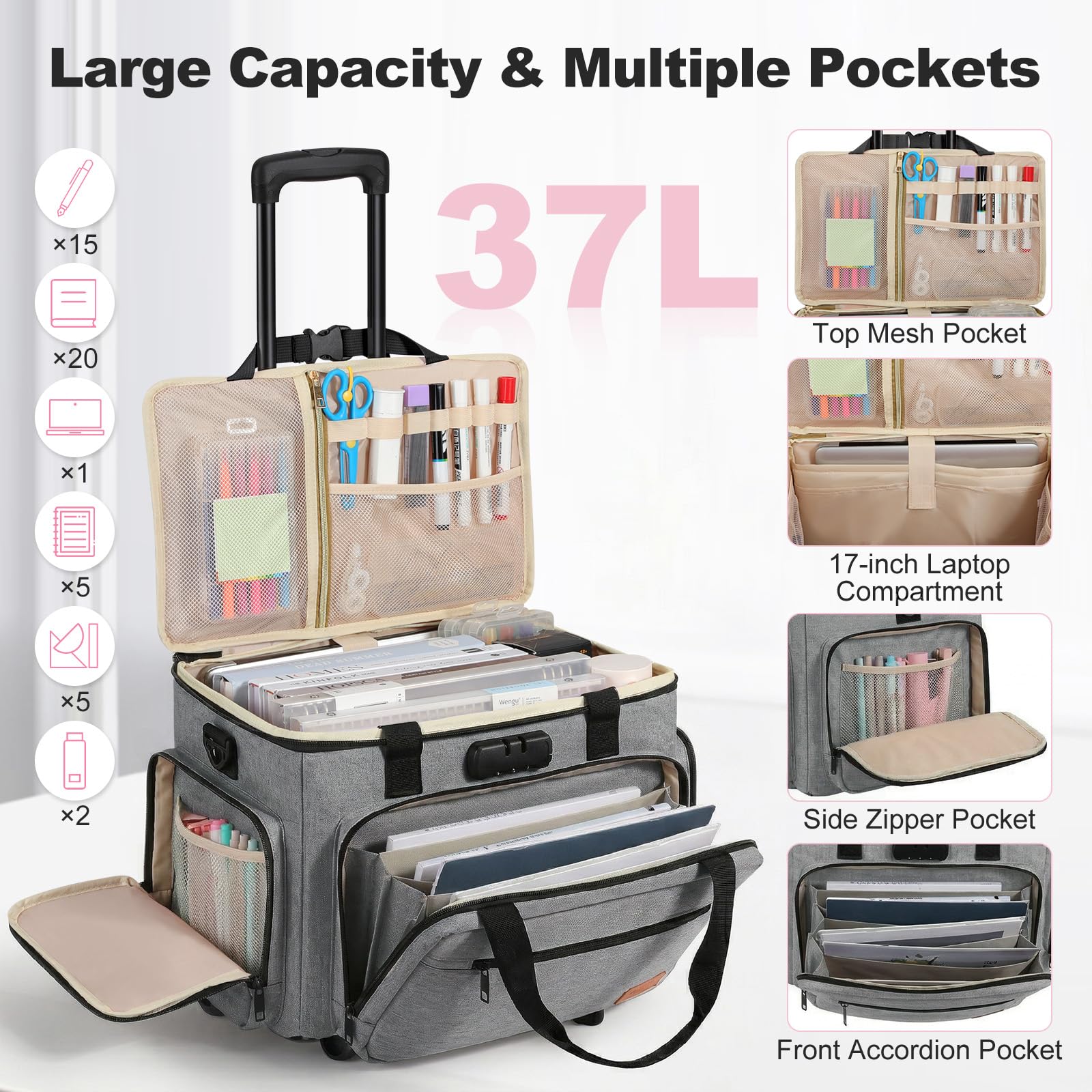Housolution Rollende Lehrertasche mit Rädern, Lehrertasche mit abnehmbarem Trolley, Laptop-Arbeitskoffer auf Rädern, Aktenkoffer mit Akkordeonordner, passend für 15,6" Laptop, Grau