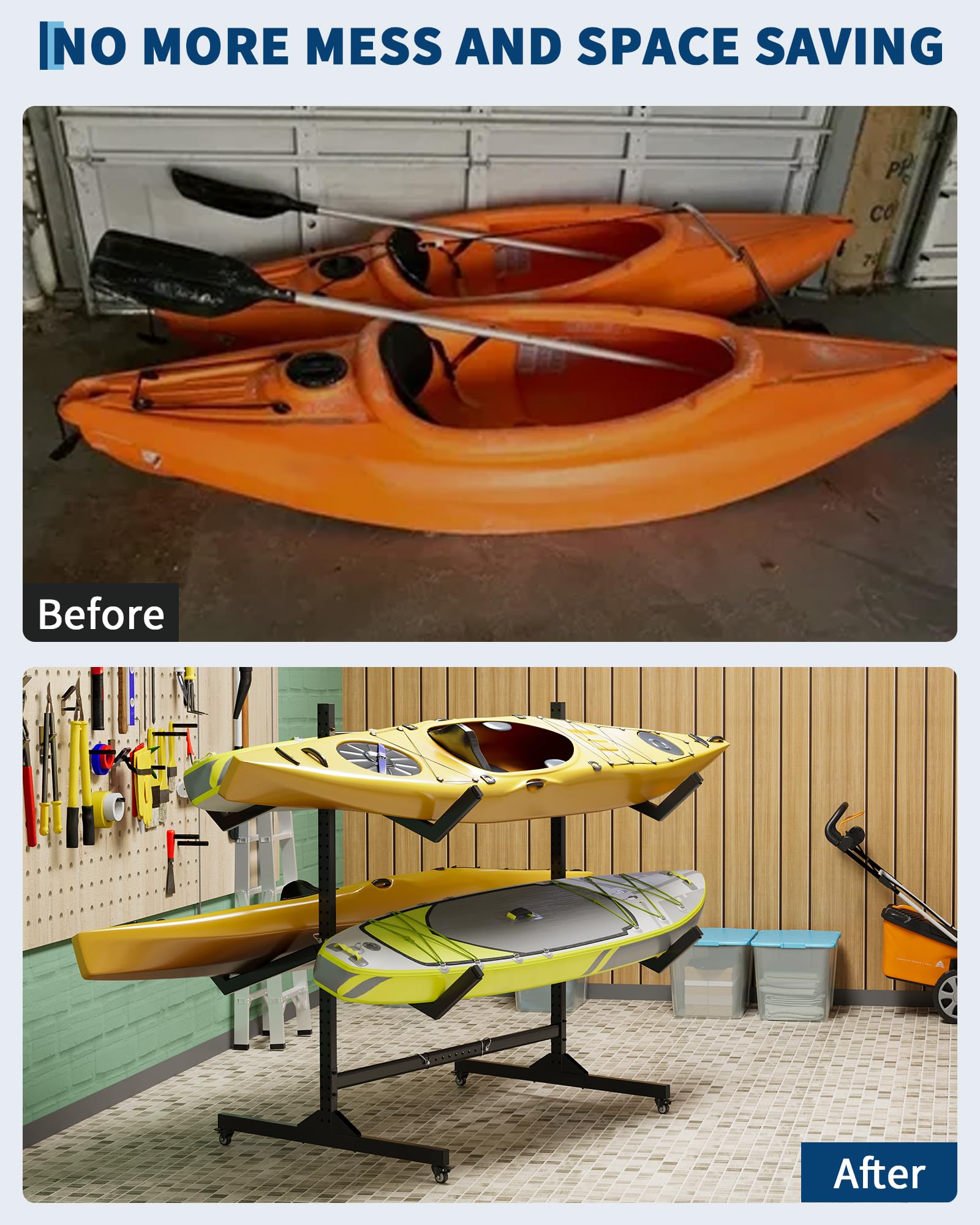 Garvee Rack de Rangement autoportant Double Face, Robuste et réglable, pour 4 Kayaks, canoës, Sup et Planches – roulettes verrouillables – Idéal Garage, abri ou Quai – Spécification : Double Face