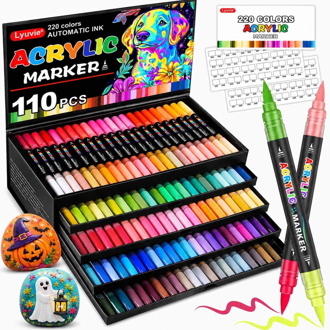 Lyuvie 220 Colorati Pennarelli Acrilici Set-110 Pezzi Marker Pennarelli Acrilici Doppia Punta Fine & Pennello per Dipingere Sassi Dipingere Sassi Tessuti Legno Vetro Carta Plastica