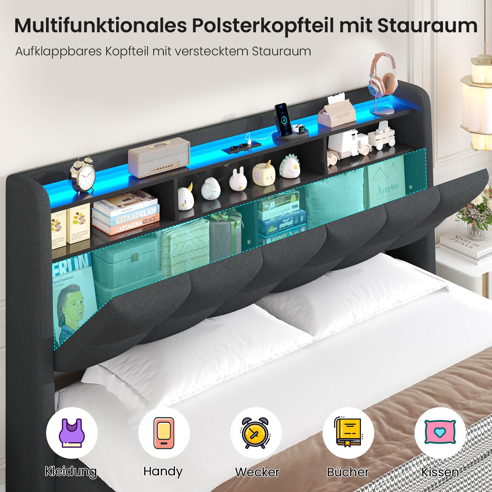 Brinlawb Polsterbett 180x200 mit Bettkasten, Hydraulisch Stauraumbett mit LED-Beleuchtung und Ladestation, Doppelbett 180x200 cm mit gepolstertem Stauraum-Kopfteil und viel Stauraum unterm Bett, Grau