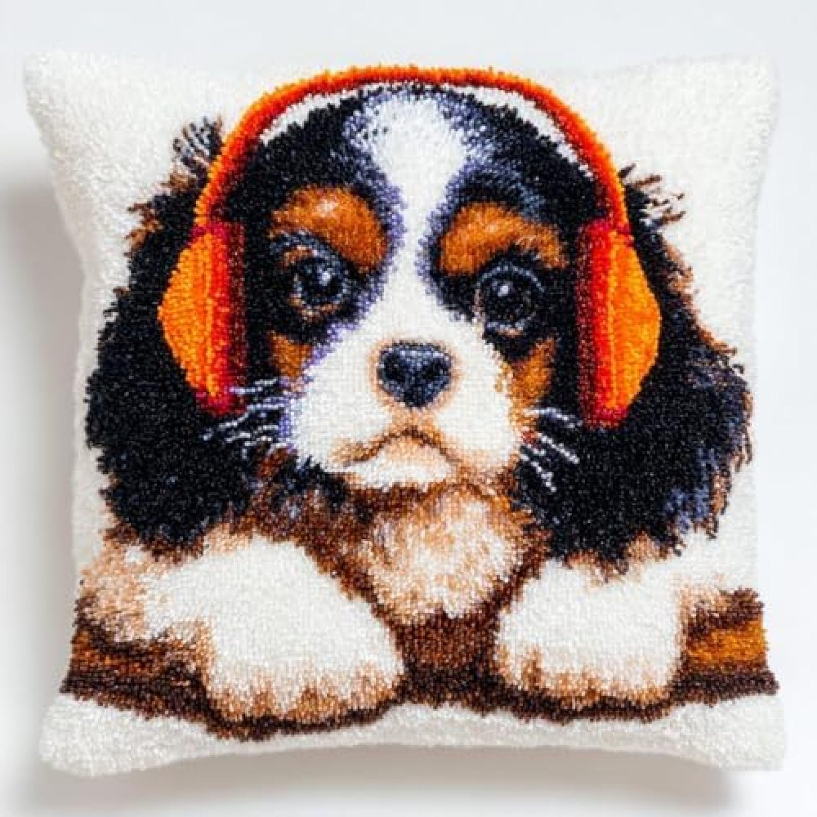 kitphoenix Cushion Cover Latch Hook Kit for Adults Beginners,Cavalier King Charles Dog Wear Headphone,DIY Crochet Embroidery Craft Set with Yarn,Hook and Printed Canvas,43x43 cm
