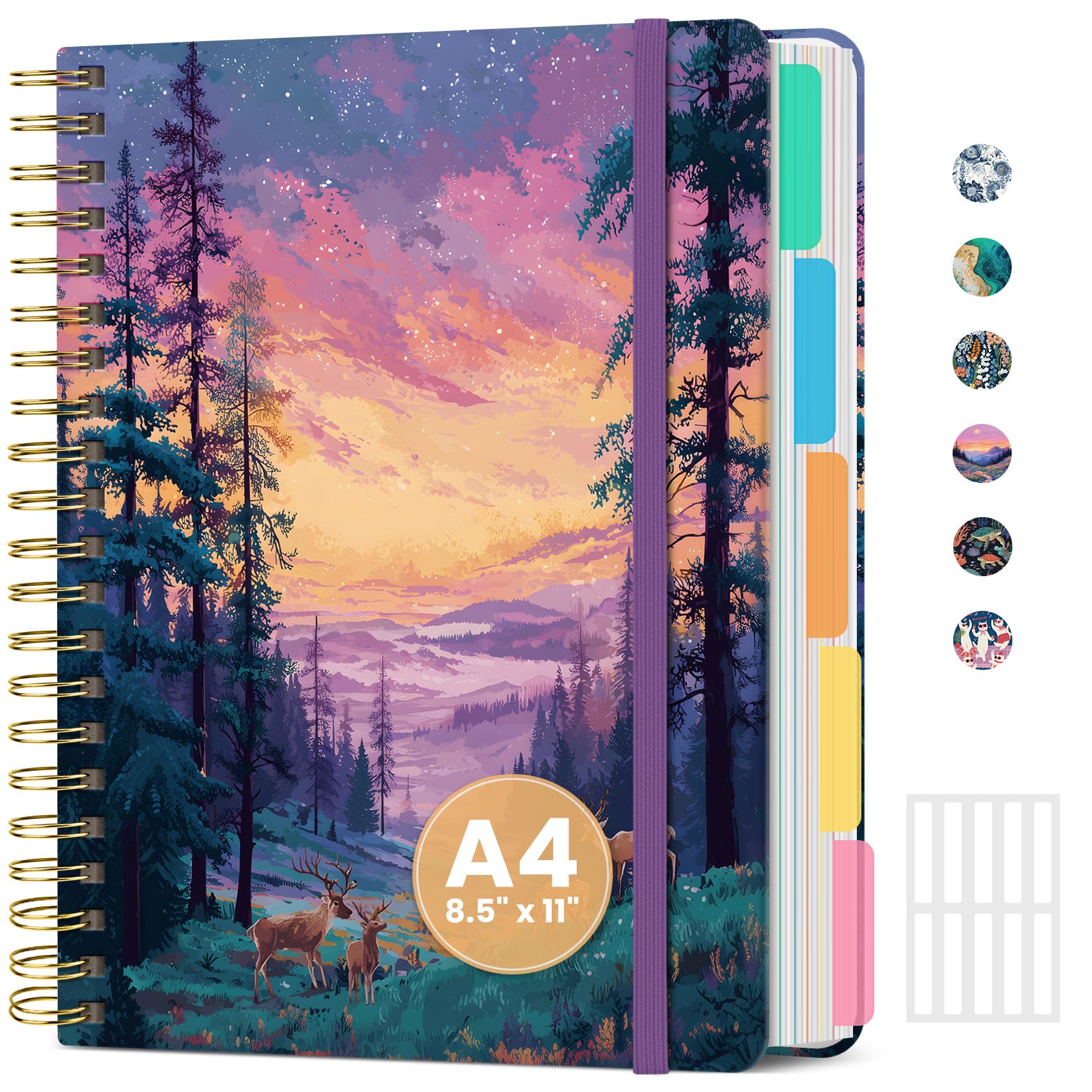 ZOTIA Diario a spirale con copertina rigida per lavoro, 21,6 x 27,9 cm, grazioso organizer per 5 soggetti con divisori e linguette rimovibili, belle pagine a righe per prendere appunti, 280 pagine